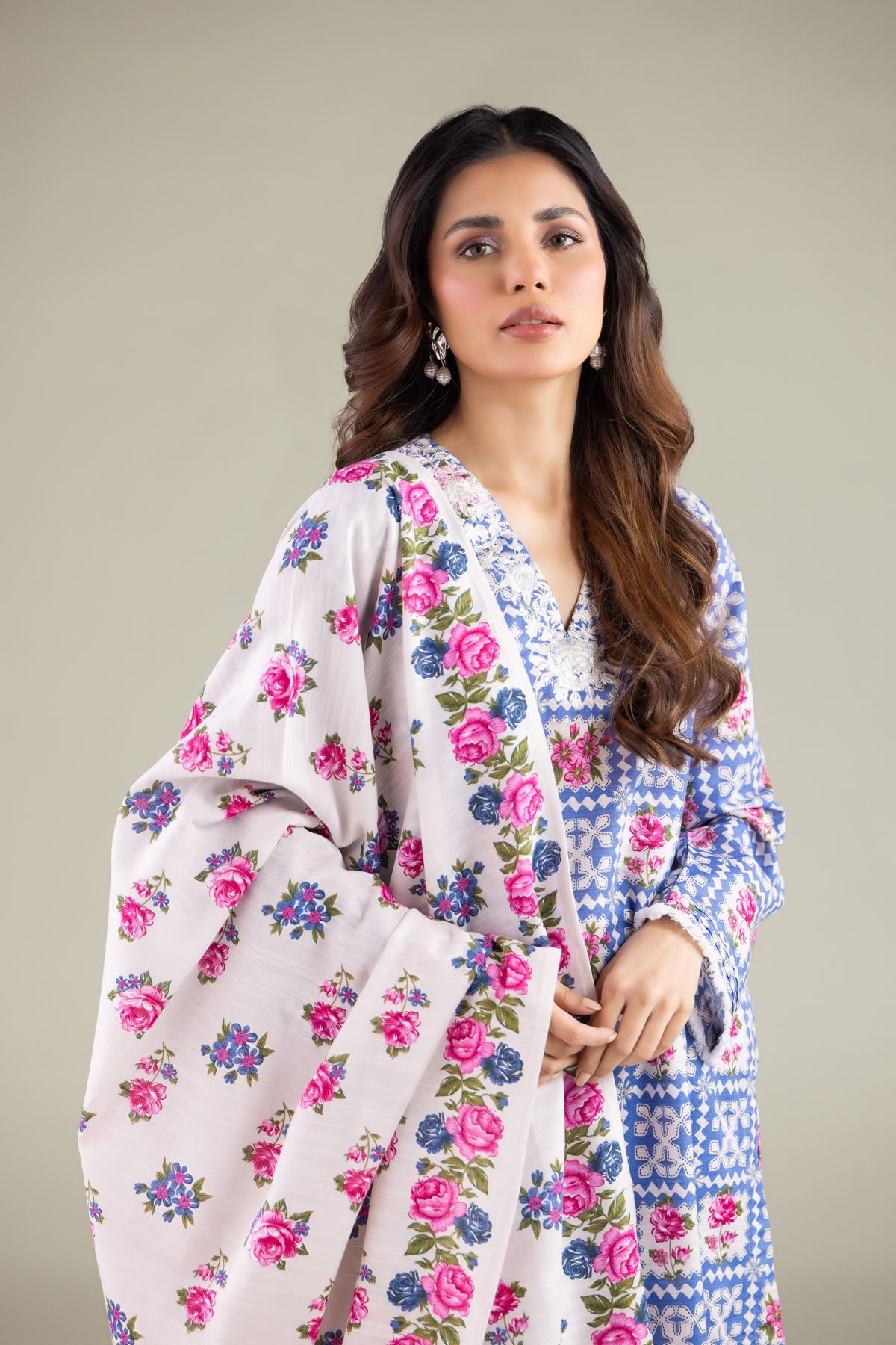 Embroidered Textured Cotton Summer Floral Dupatta - 1-26-115-C-D-VG