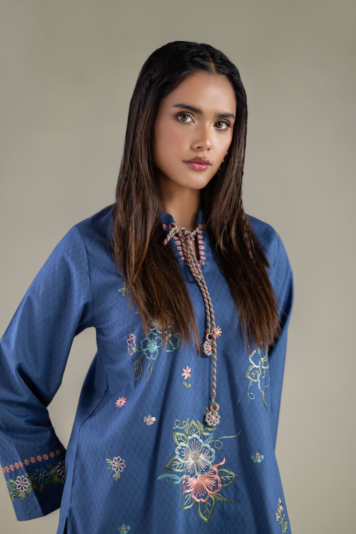 Embroidered Cotton Dobby Floral Drawstring Kurta - 1-26-137-A-A-VG