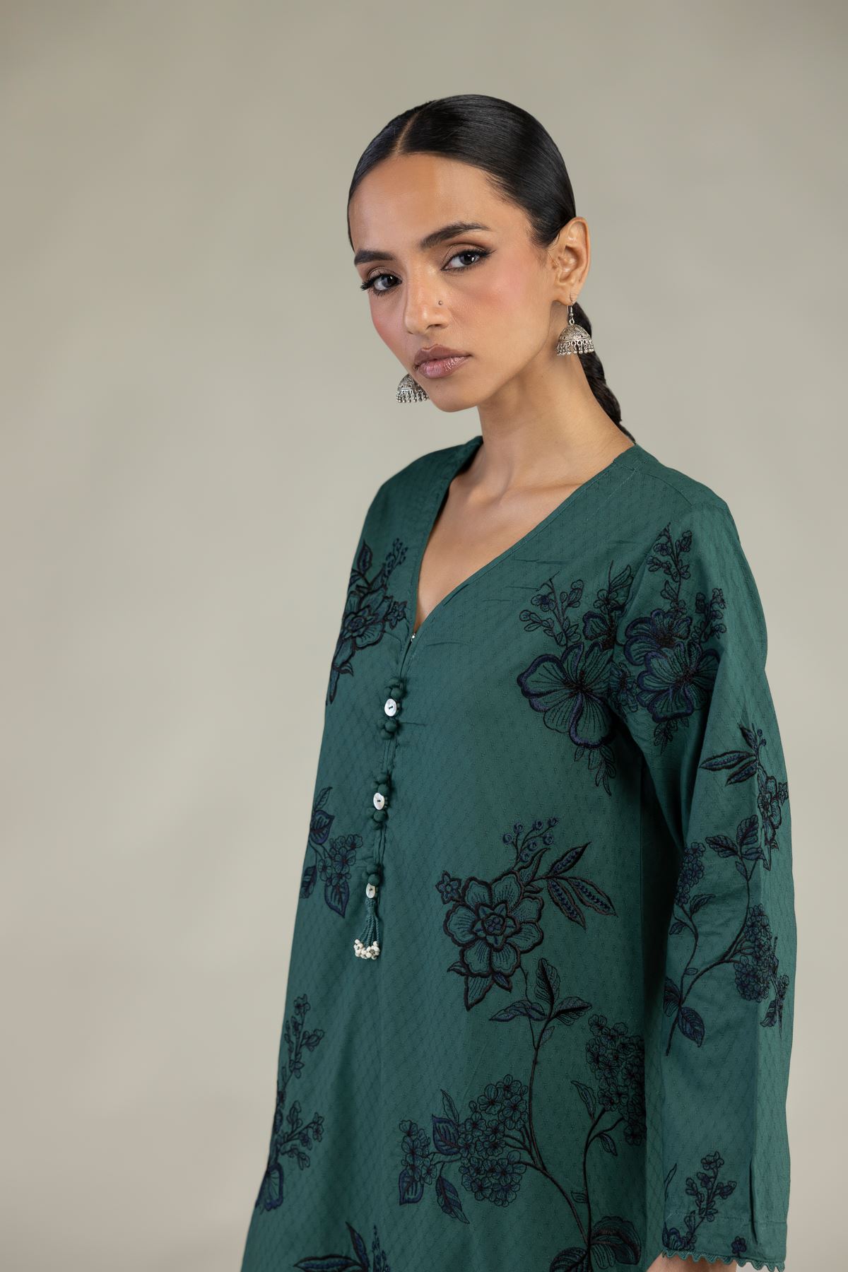 Embroidered Cotton Dobby Green Longline Kurta - 1-26-226-A-B1-VG