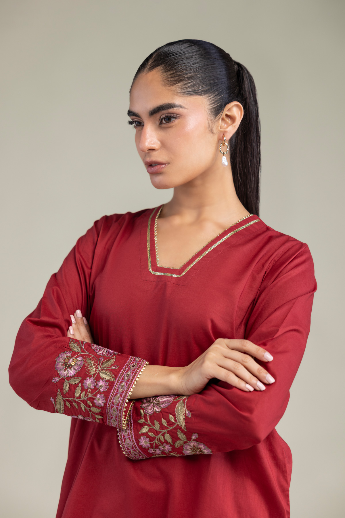 Embroidered Cambric Red Floral Kurta - 1-26-102-A-F-VG