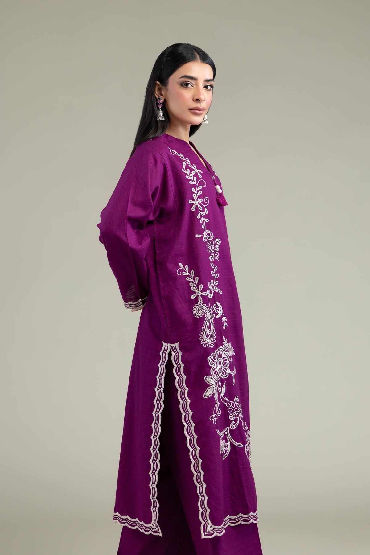 Embroidered Cotton Dobby Floral Longline Kurta - 1-26-247-B-E1-VG