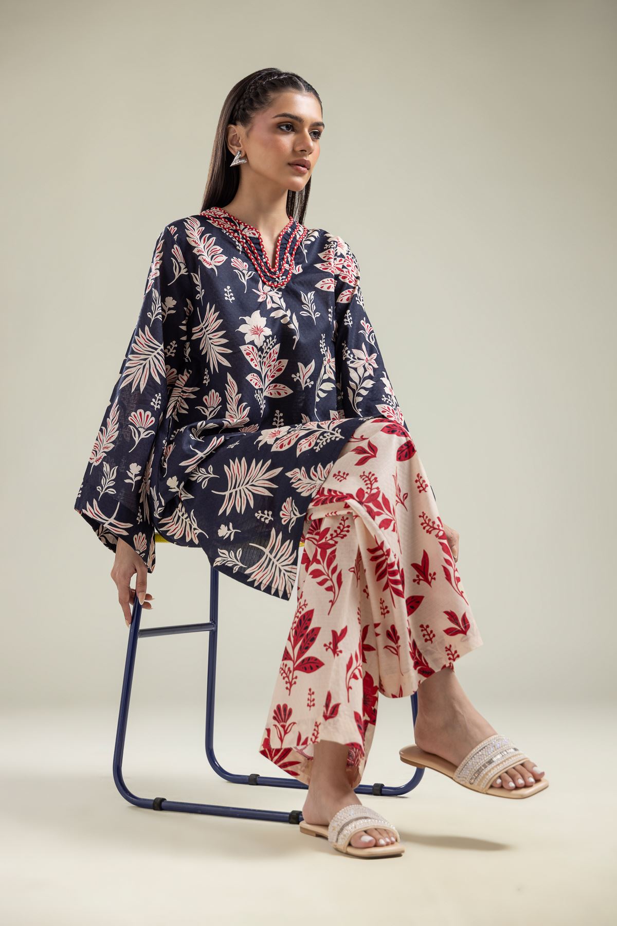 Printed Cotton Dobby V-Neck Navy Kurta - 1-26-204-A-H1-VG