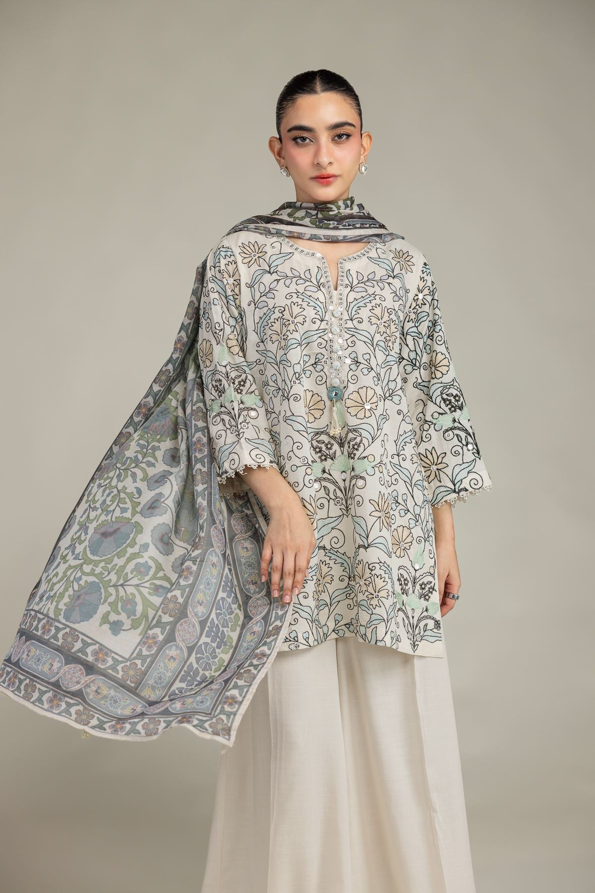 Embroidered Raw Silk Short Floral Kurta - 1-26-203-A-C1-VG