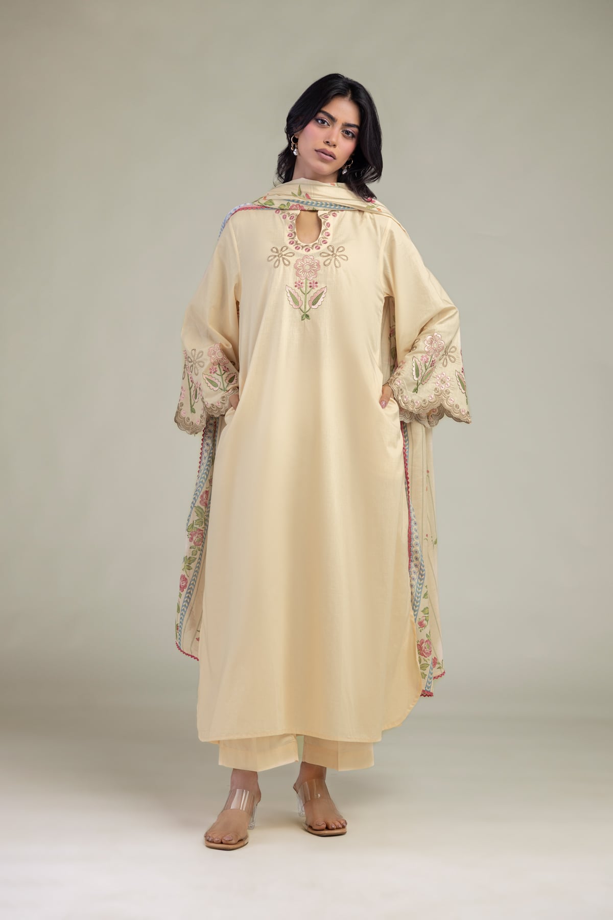 Embroidered Cambric Solid Beige Pants - 1-26-246-B-I1-VG