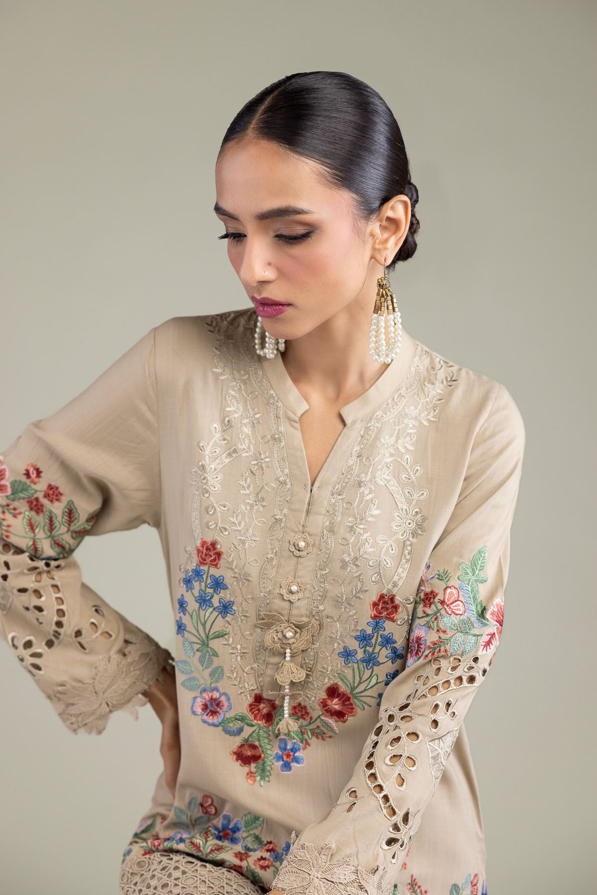 Embroidered Raw Silk Floral Silk Kurta - 1-26-131-A-B-VG