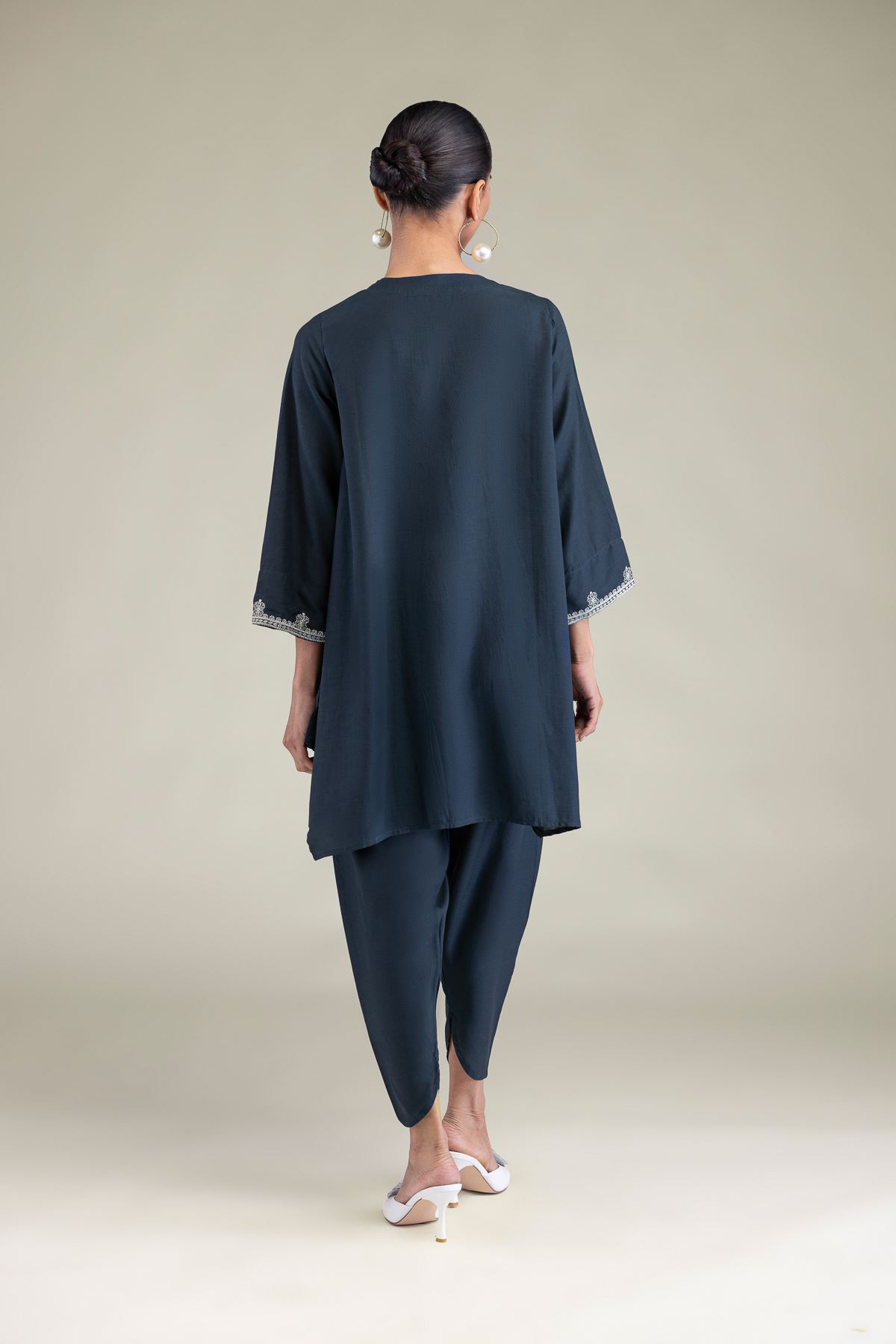 Embroidered Raw Silk Floral Navy Kurta - 8-26-209-A-D1-VG