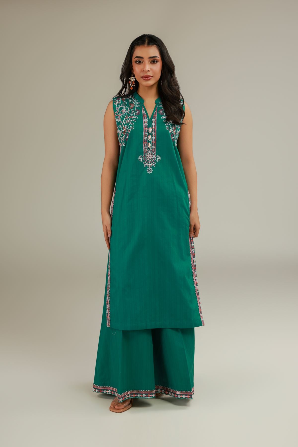 Embroidered Cotton Dobby Green Sleeveless Kurta - 25-09-11E11-07TB-VG