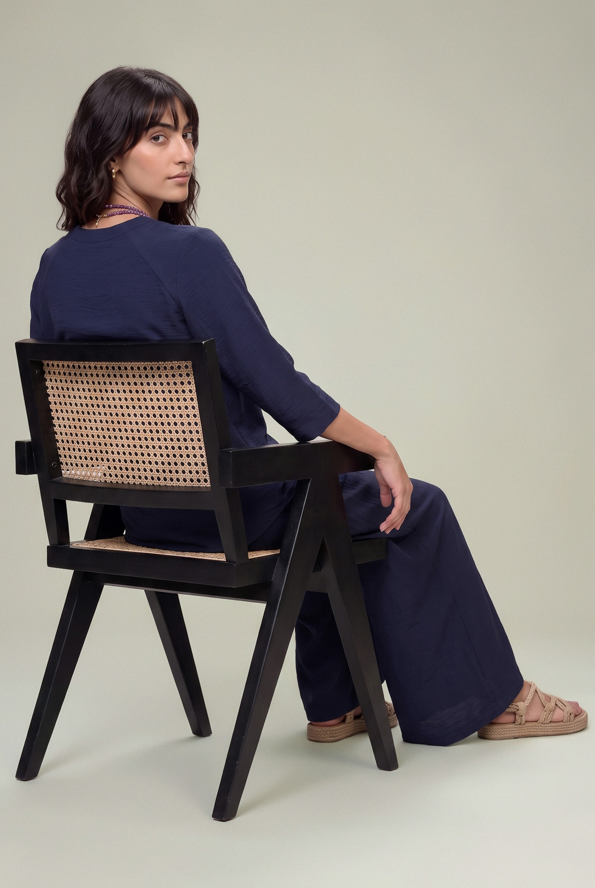 Dyed Textured Georgette V-Neck Navy Tunic - 1-26-229-B-F1-VG