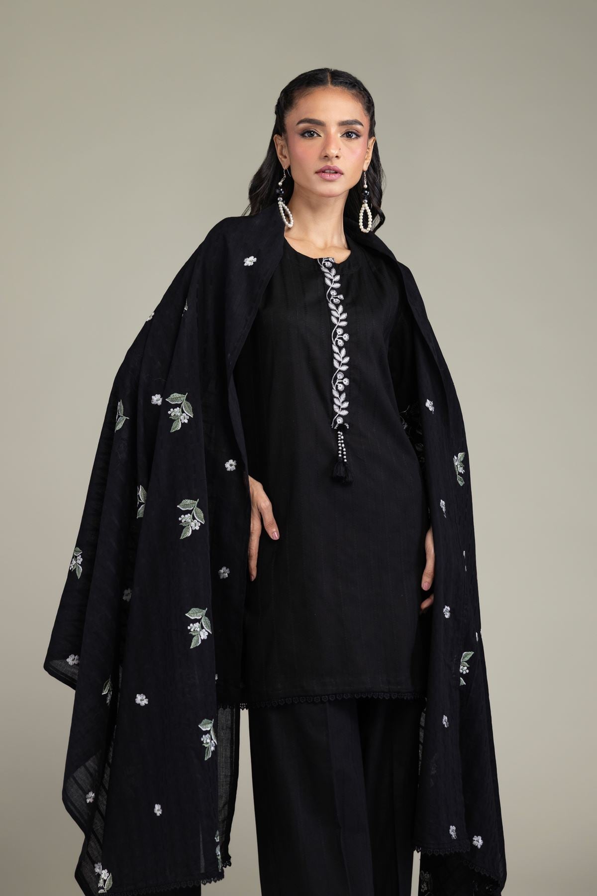 Embroidered Textured Cotton Black Cotton Dupatta - 1-26-131-A-D-VG