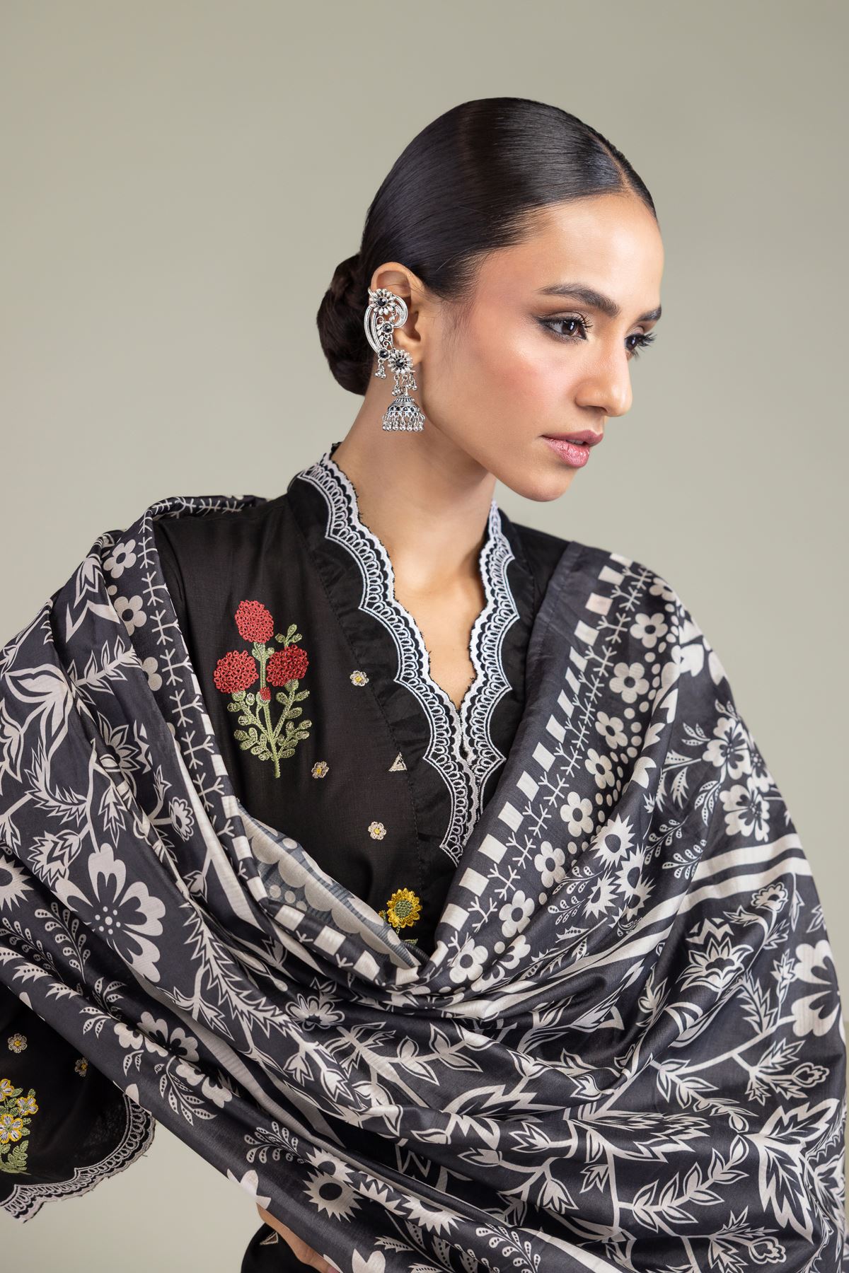 Embroidered Polyester Silk Floral Black Dupatta - 2-26-209-A-C1-VG