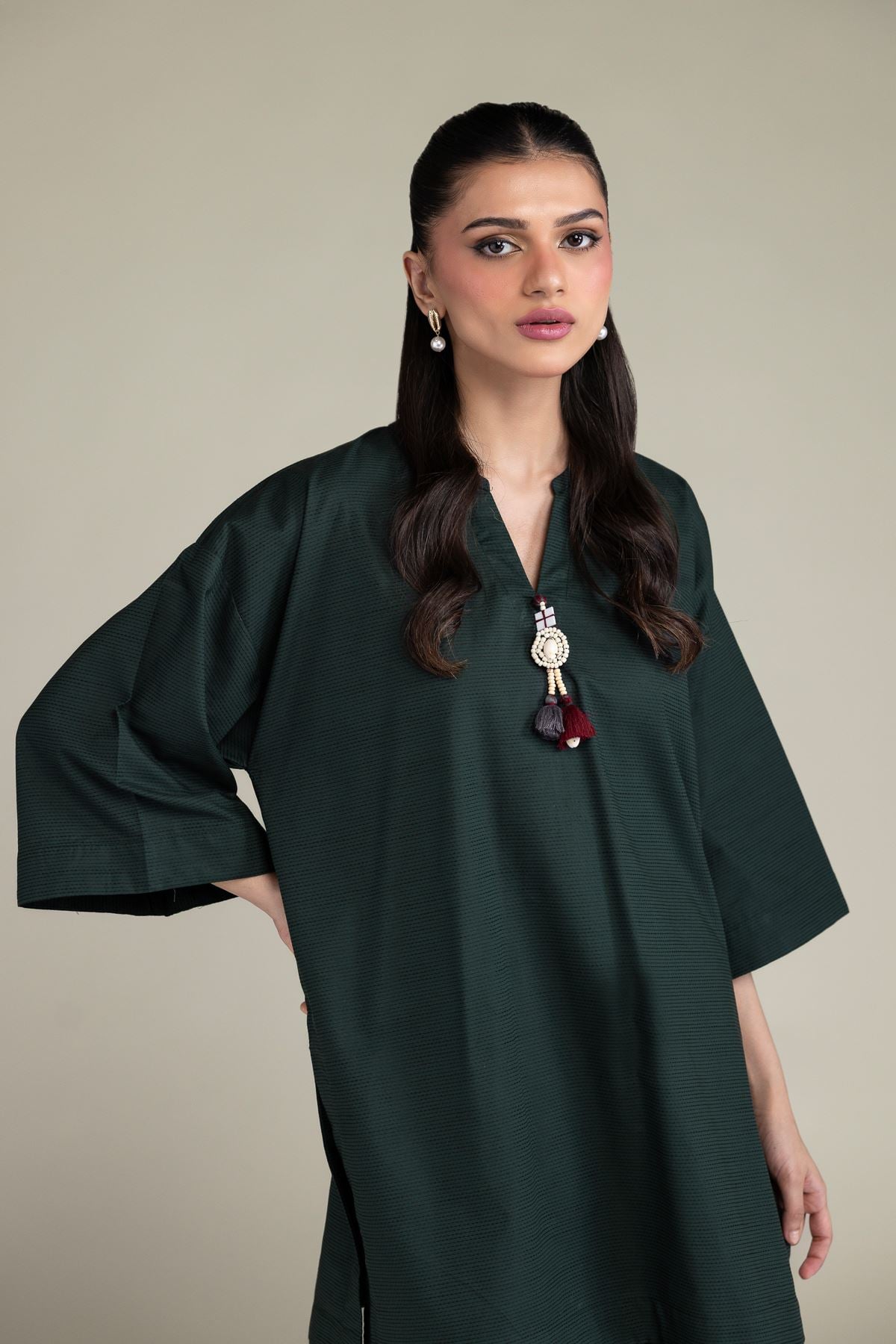 Dyed Textured Cotton Viscose V-Neck Cotton Kurta - 1-26-131-A-B-VG