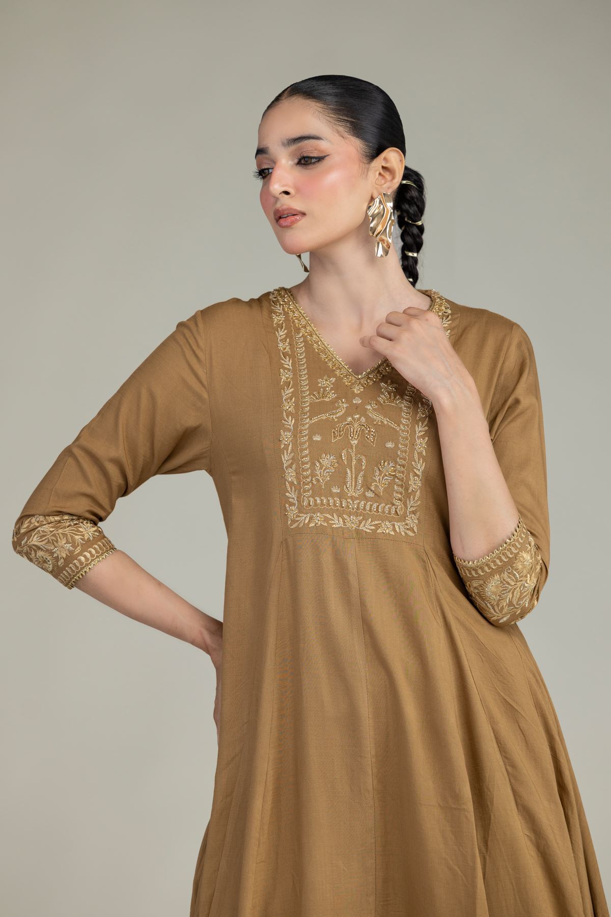 Embroidered Raw Silk V-Neck Silk Kurta - 2-26-203-A-F1-VG