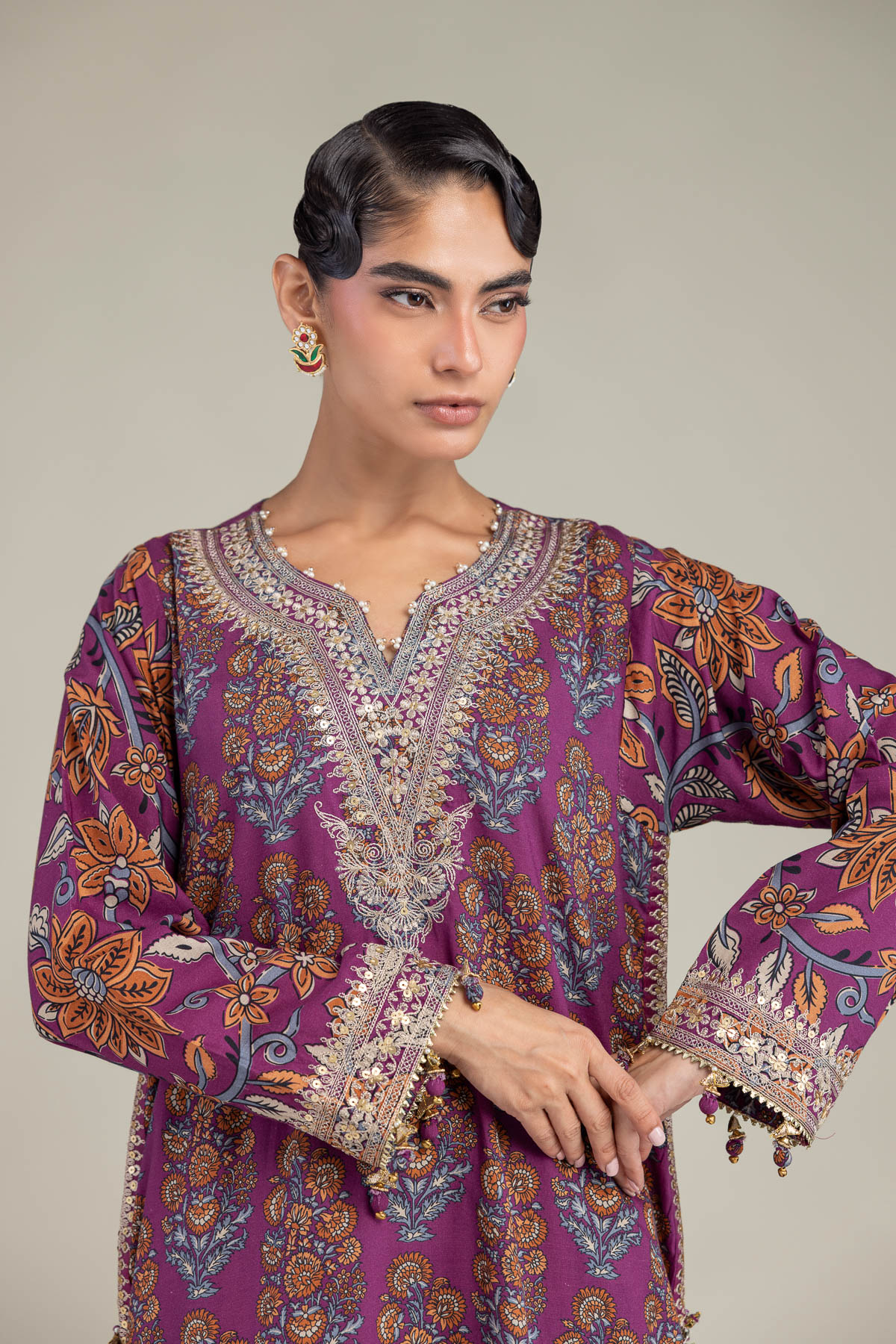 Embroidered Raw Silk Floral Short Kurta - 1-26-102-A-F-VG