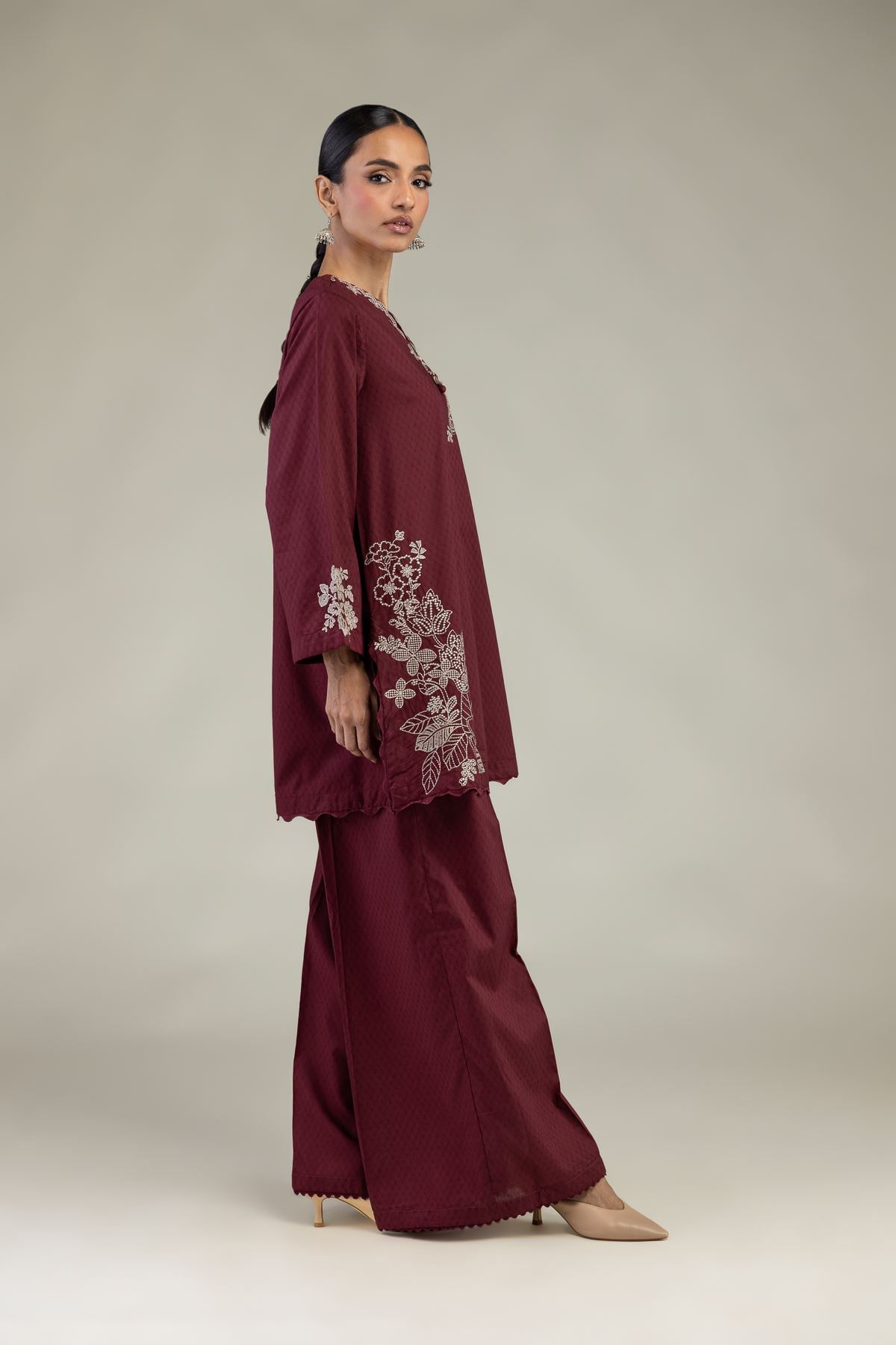 Embroidered Cotton Dobby Solid Maroon Pants - 1-26-241-B-J1-VG