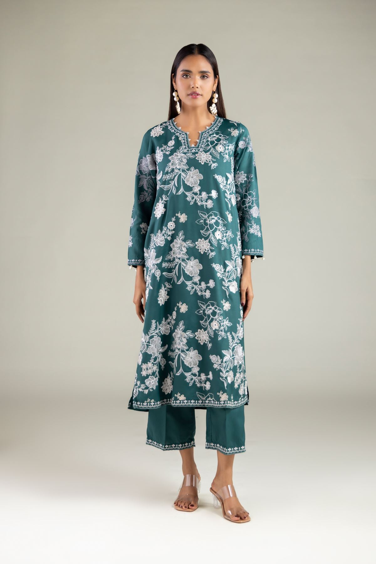 Embroidered Raw Silk Pearl Floral Kurta - 1-26-108-A-F-VG
