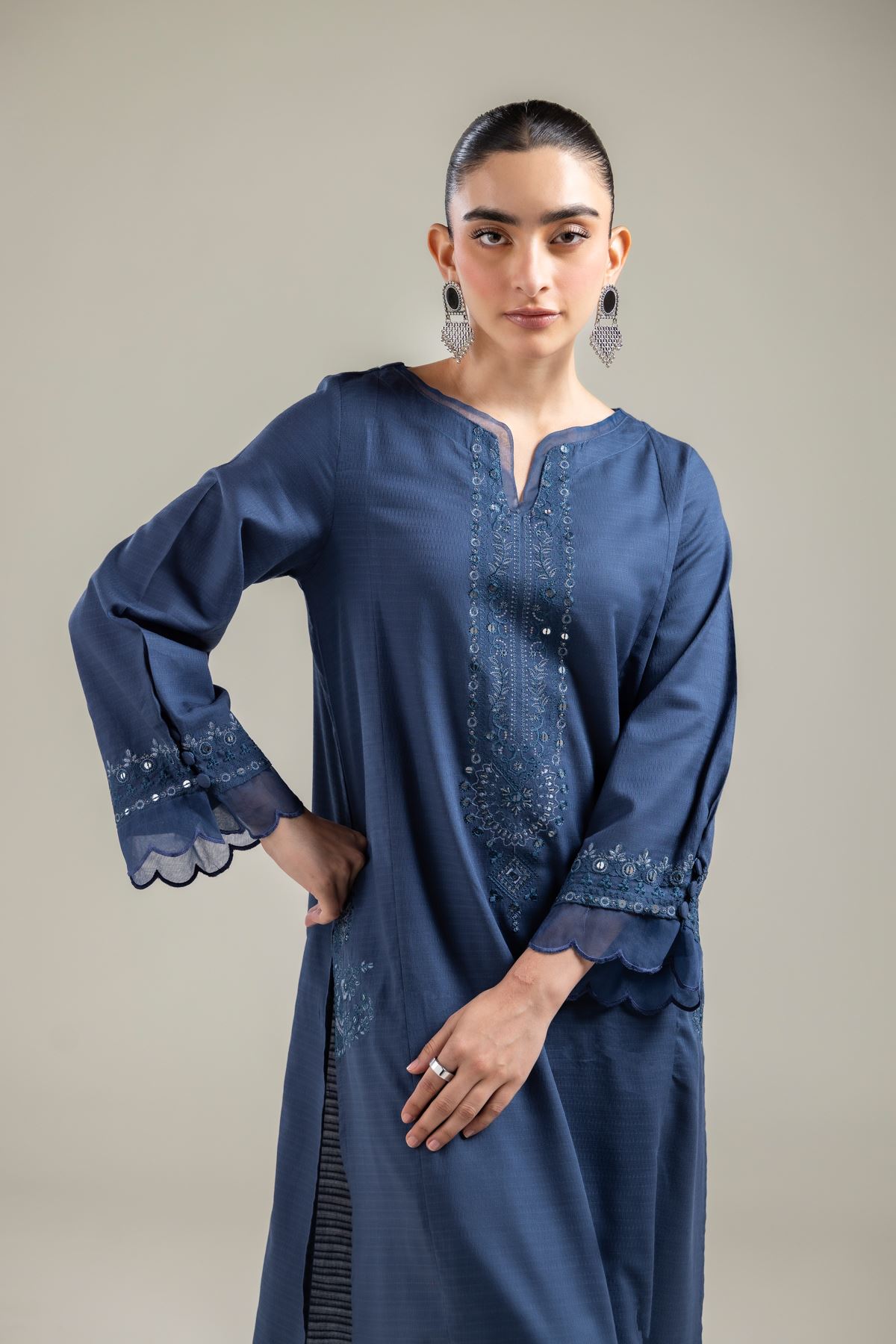 Embroidered Cotton Dobby Long Navy Kurta - T-A22-26-122FI1-VG