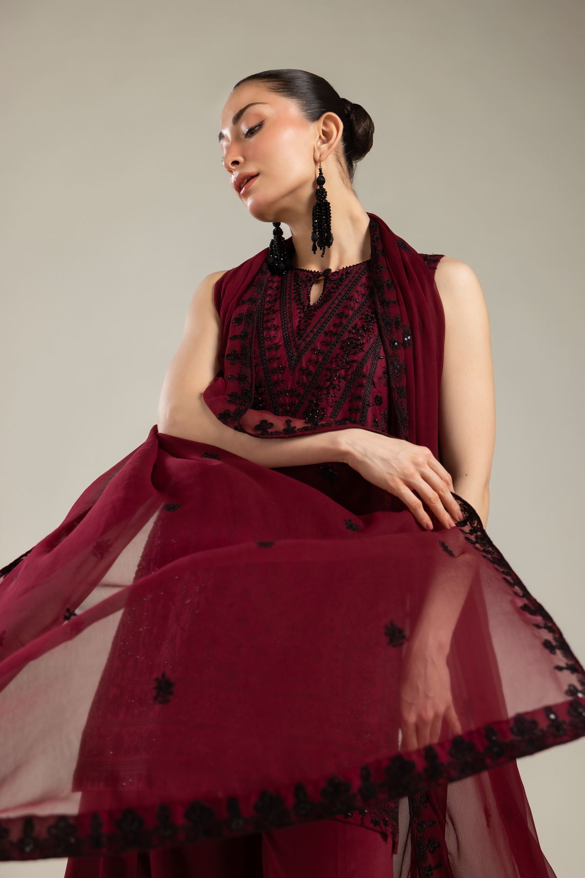 Embroidered Raw Silk 3 Piece Co-ord Set - T-A112-26-106EC1-VG