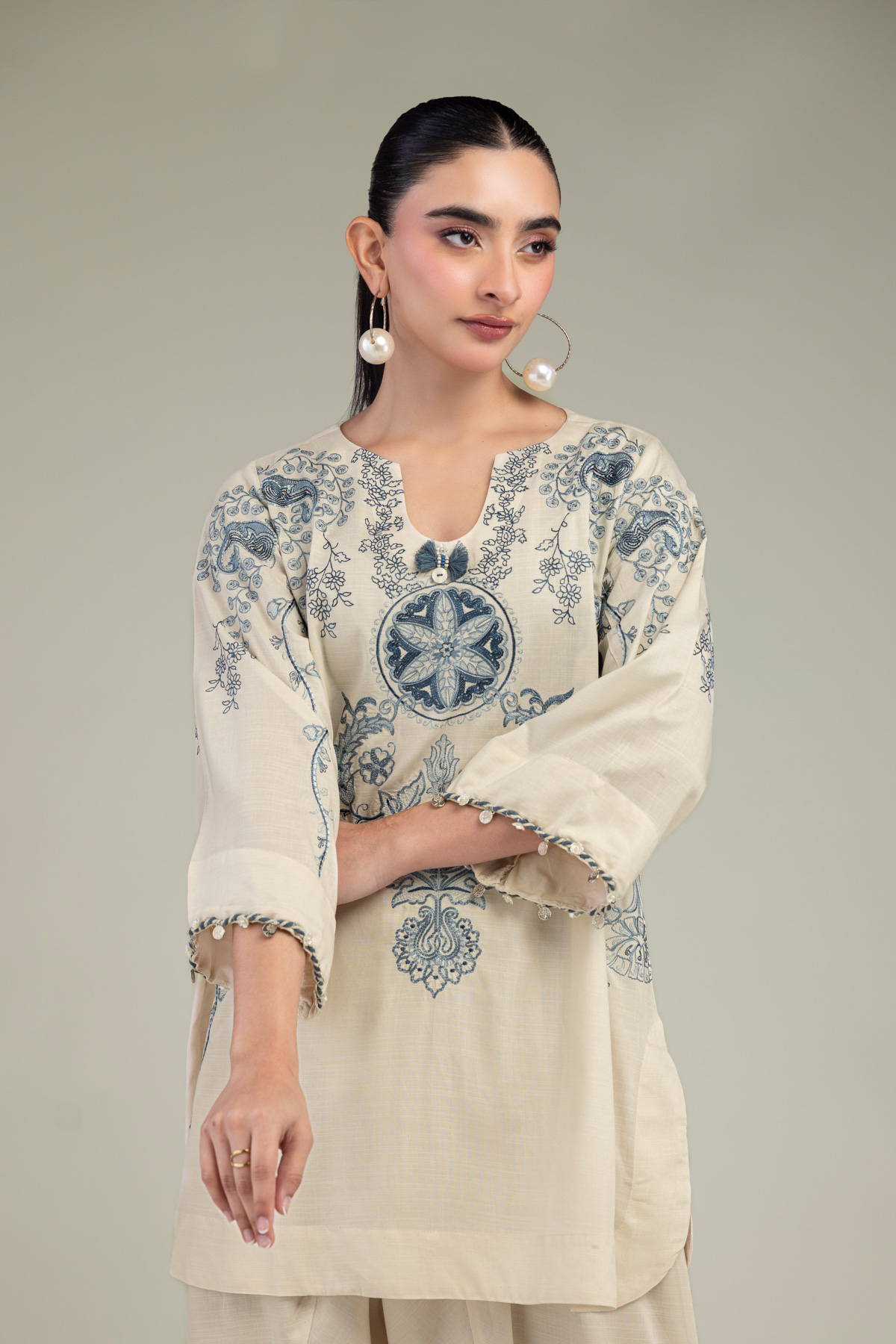 Embroidered Raw Silk Short Silk Kurta - 1-26-309-B-D1-VG