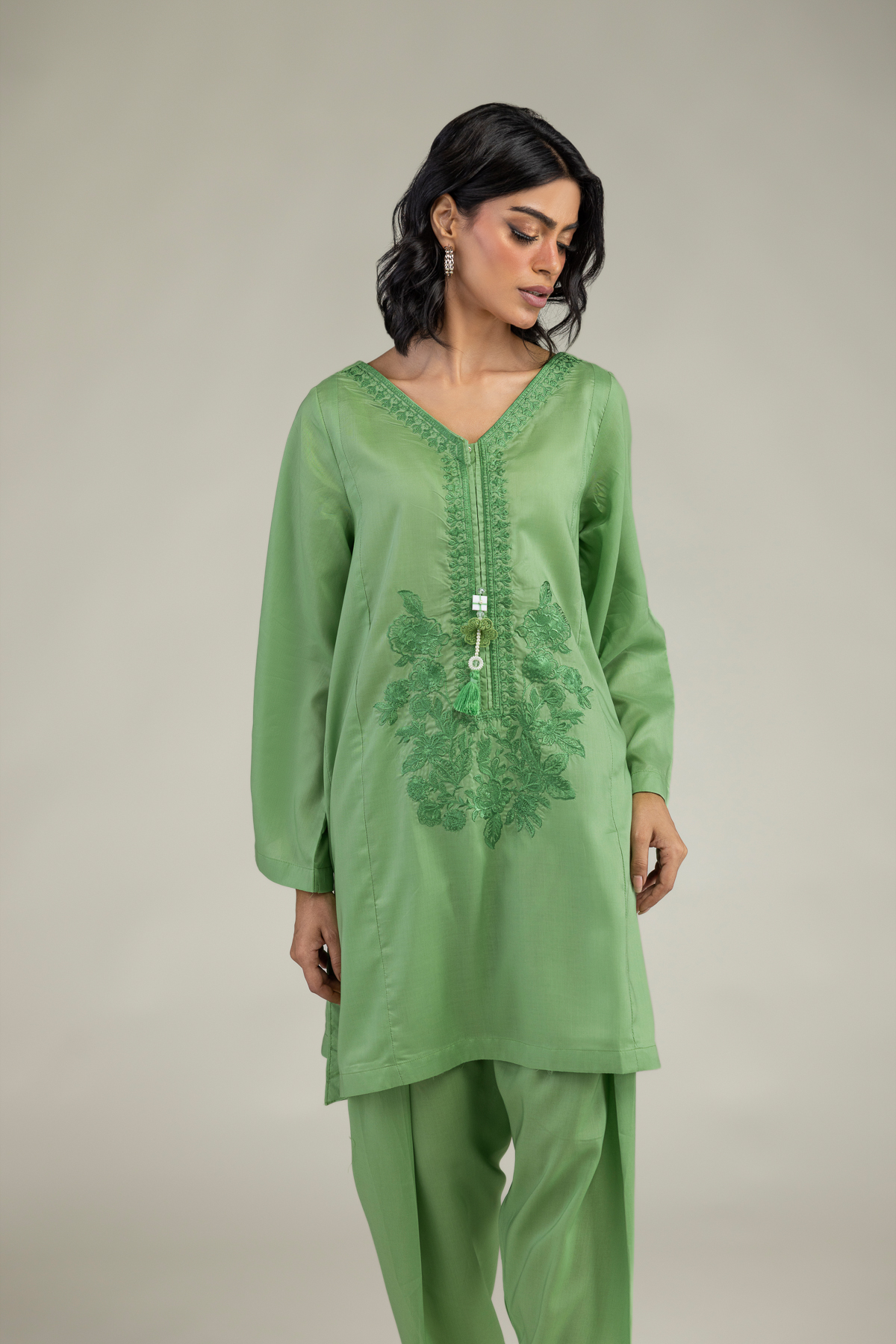 Embroidered Lyocell Green V-Neck Kurta - 8-26-208-A-A1-VG