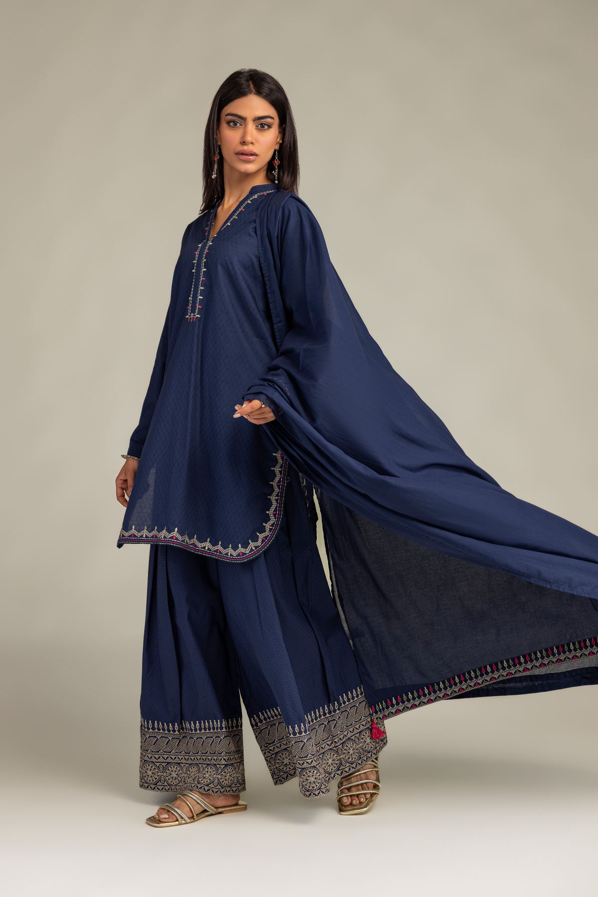 Embroidered Lawn Navy Lawn Dupatta - 1-26-102-A-F-VG