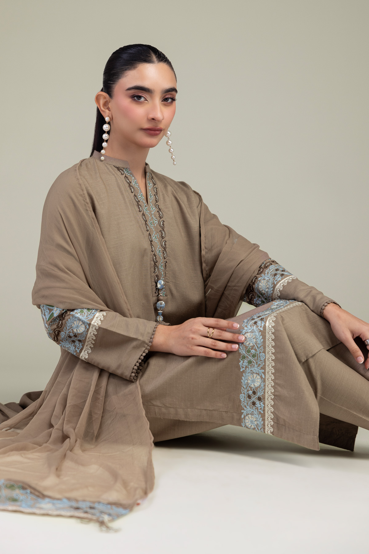 Embroidered Chiffon Brown Floral Dupatta - 1-26-309-B-D1-VG