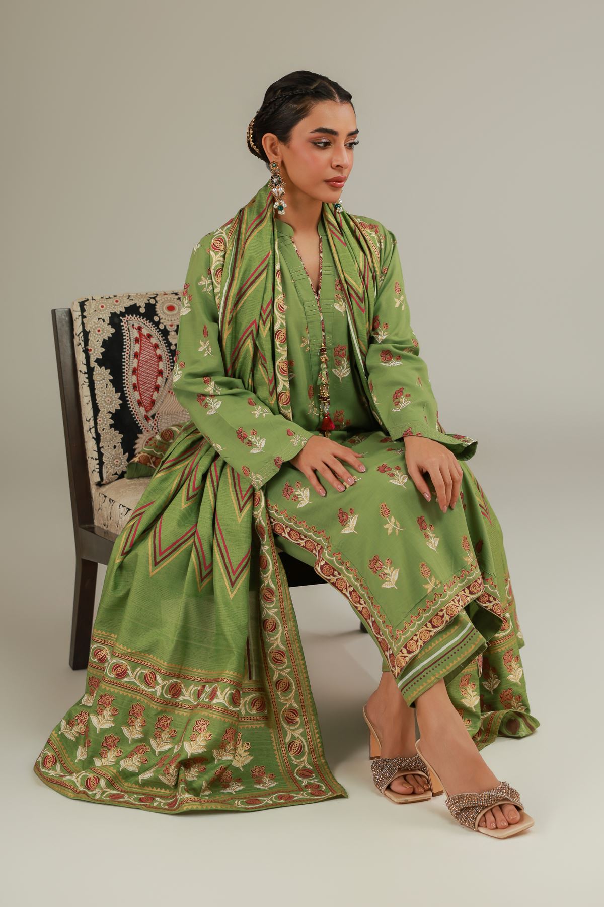 Raw Silk 3 Piece Co-ord Set - 25-12-12S4-09TA-VG