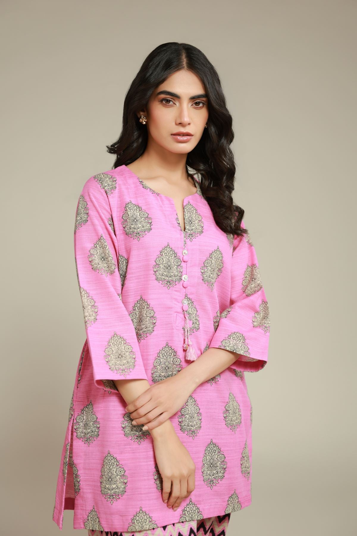 Printed Textured Cotton Mughal Motif Kurta - 25-10-12E11-07TA-VG