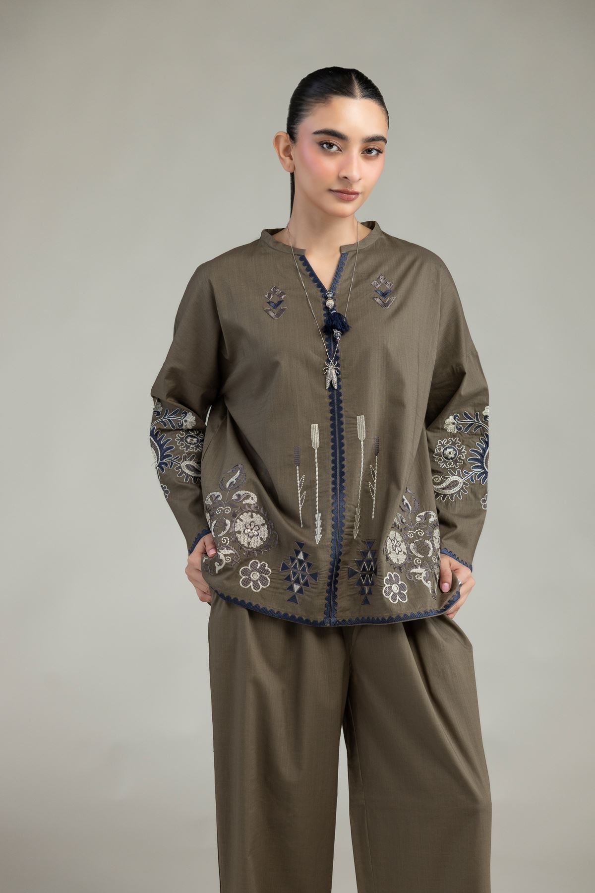 Embroidered Textured Cotton Floral Olive Blouse - 6-26-204-A-D2-VG
