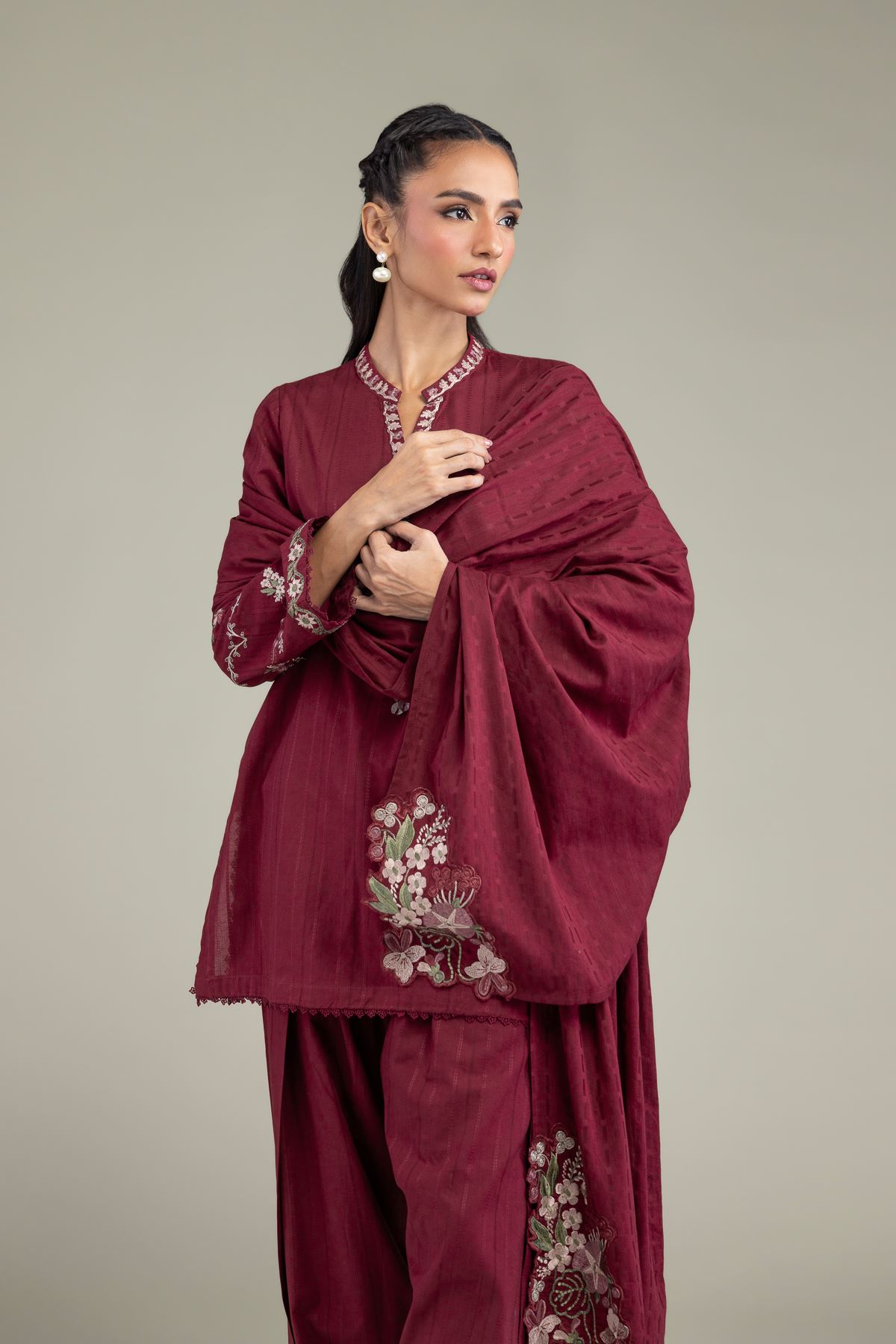 Embroidered Textured Cotton Floral Maroon Dupatta - 1-26-131-A-B-VG