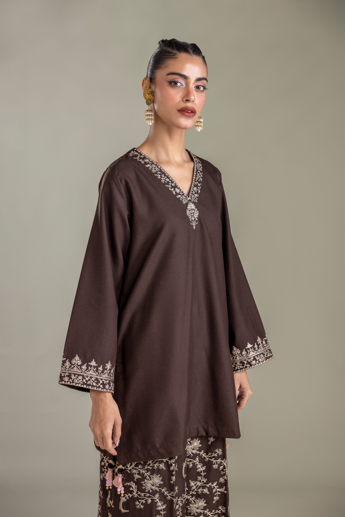 Embroidered Heavy Blended Viscose Brown V-neck Kurta - 1-26-431-A-D1-VG