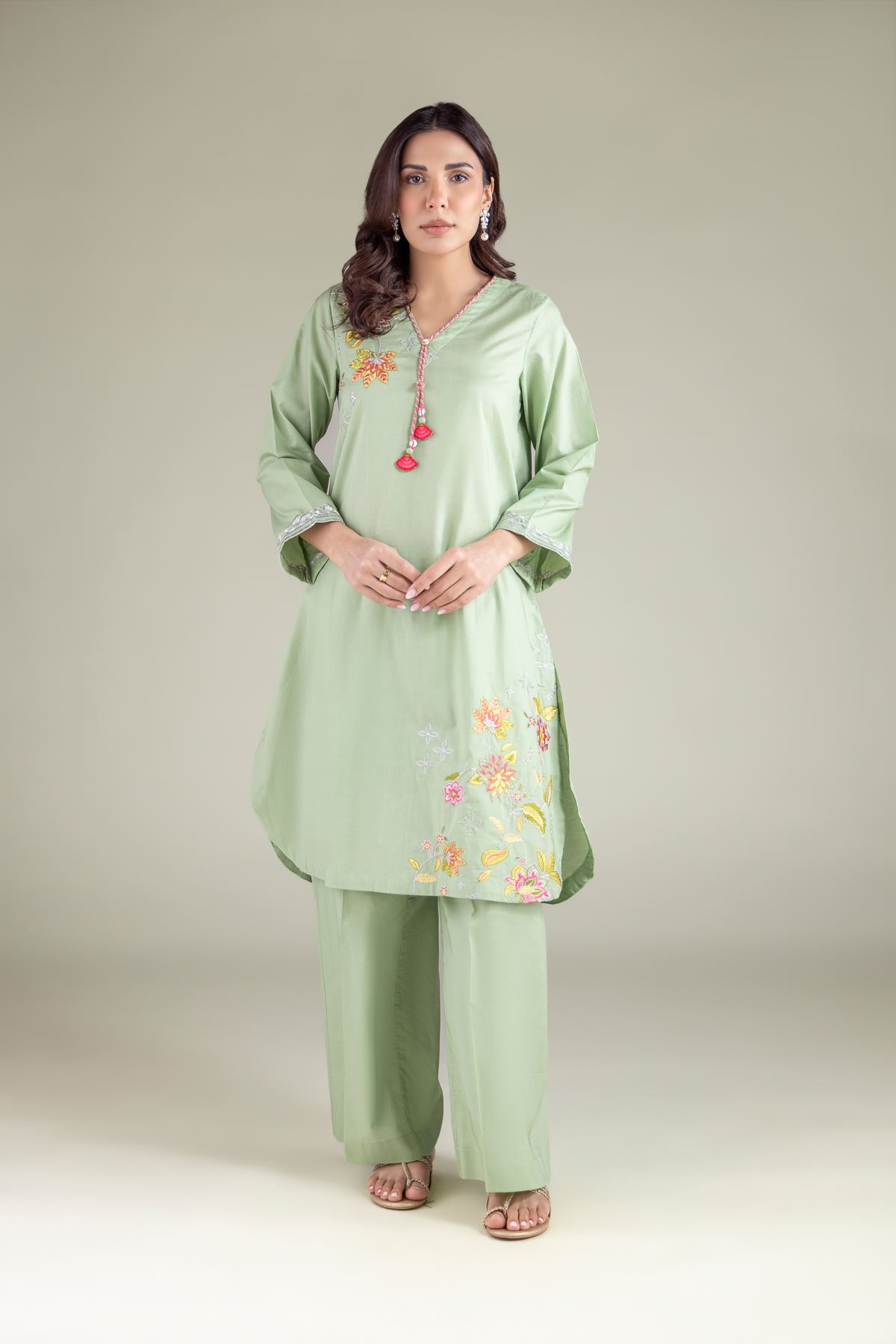 Embroidered Cambric Mint Summer Pants - 1-26-111-A-F-VG