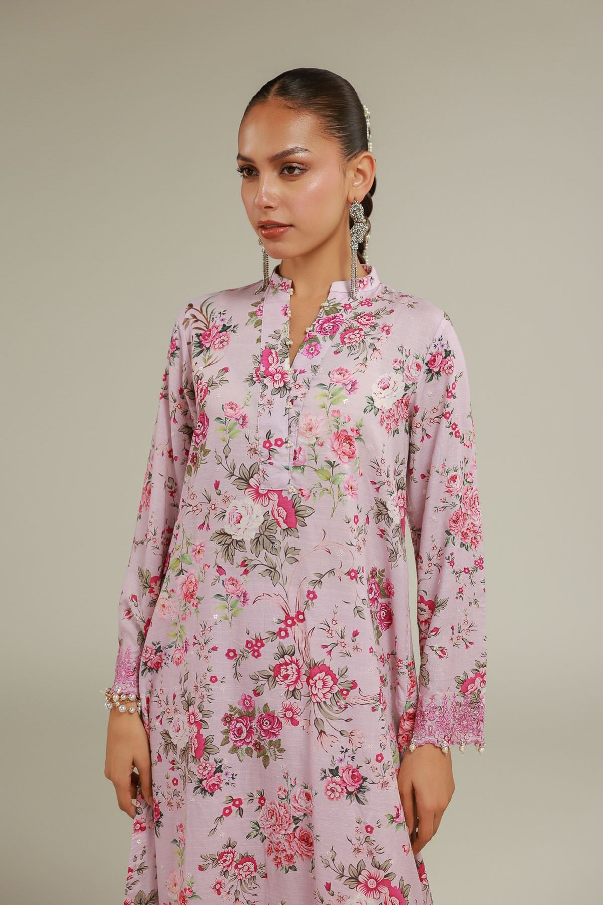 Embroidered Raw Silk Floral Longline Kurta - 2-26-101-A-B-VG