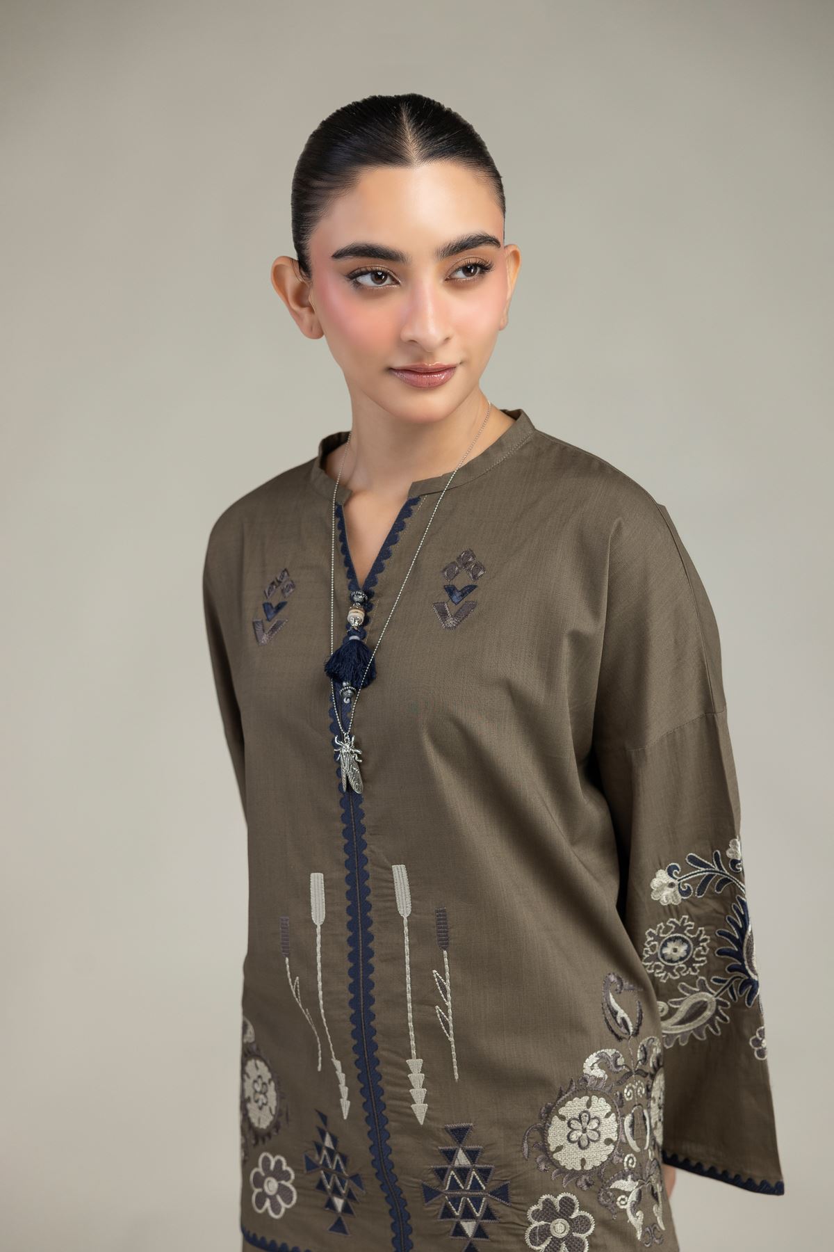 Embroidered Textured Cotton Floral Olive Blouse - 6-26-204-A-D2-VG