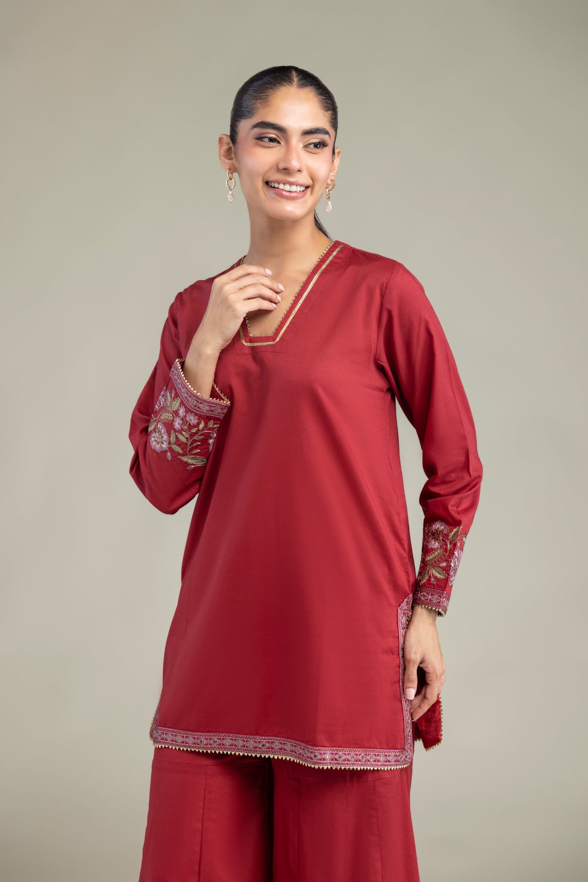 Embroidered Cambric Red Floral Kurta - 1-26-102-A-F-VG
