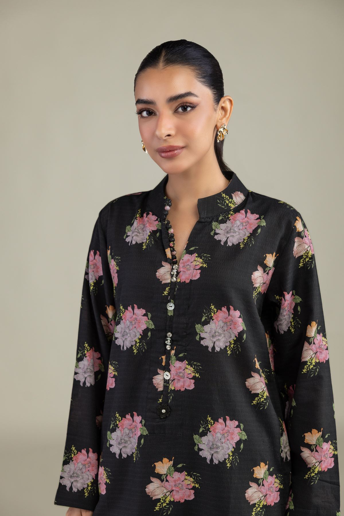 Printed Cotton Dobby Black Floral Kurta - 1-26-102-A-F-VG