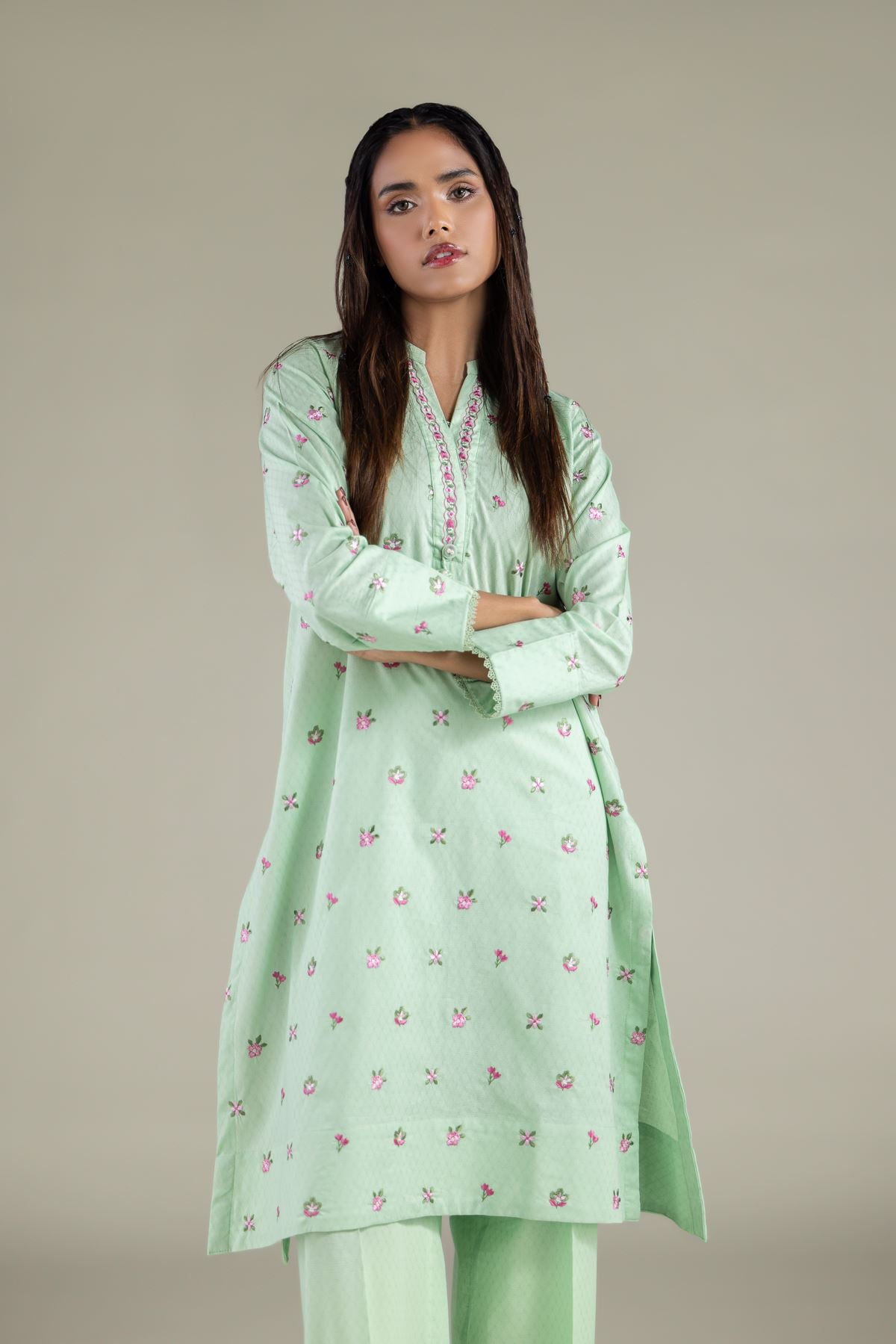 Embroidered Cotton Dobby Floral Band-Collar Kurta - 2-26-101-A-D-VG