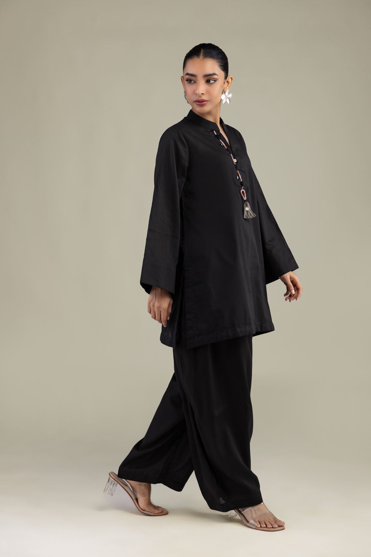 Dyed Textured Cotton V-Neck Black Kurta - 1-26-229-B-F1-VG