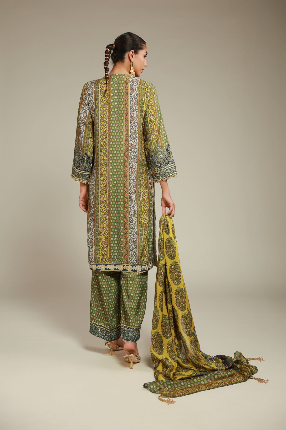 Embroidered Raw Silk 3 Piece Co-ord Set - 25-11-12S2-10TA-VG