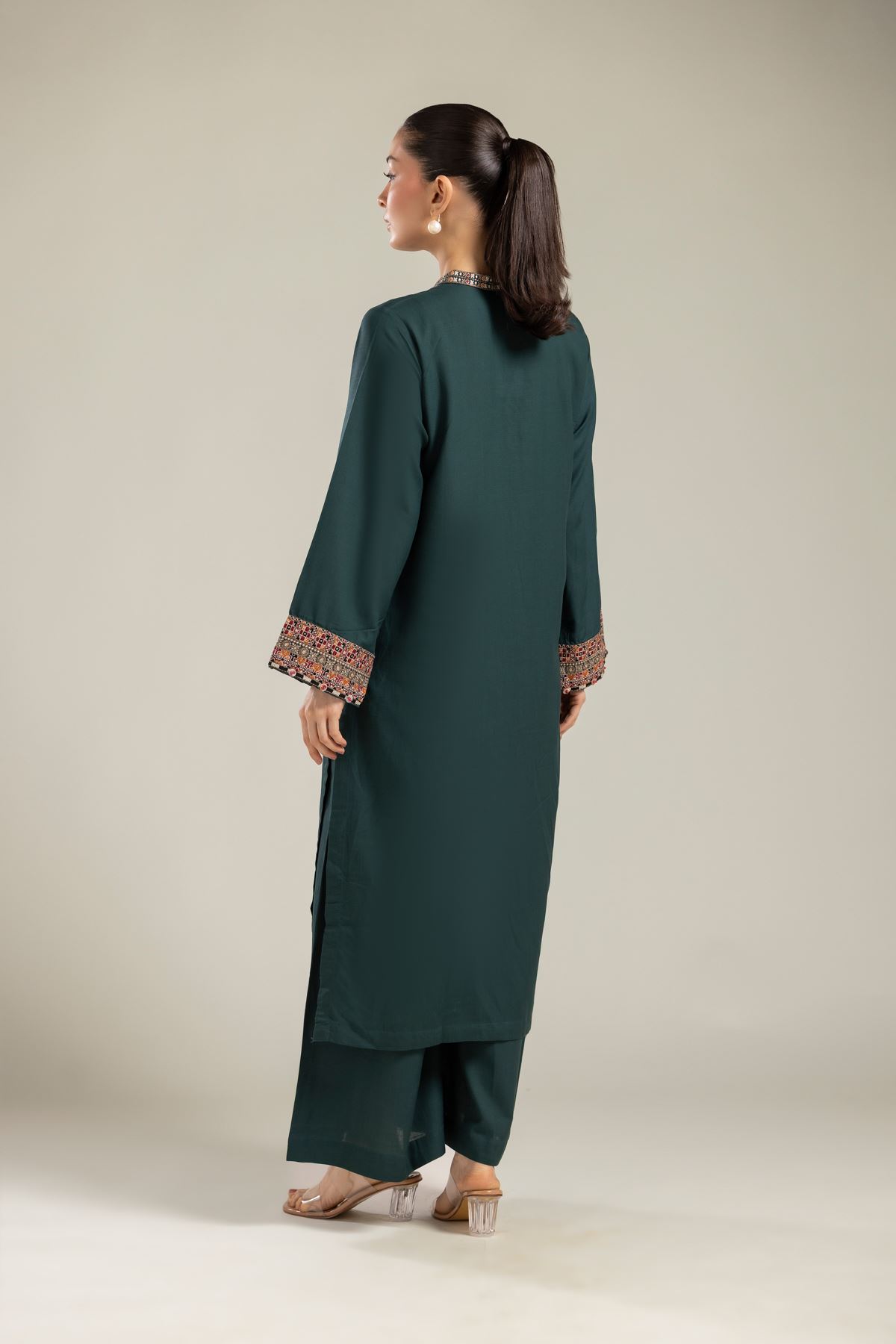 Embroidered Raw Silk Green Longline Kurta - 1-26-106-A-D-VG