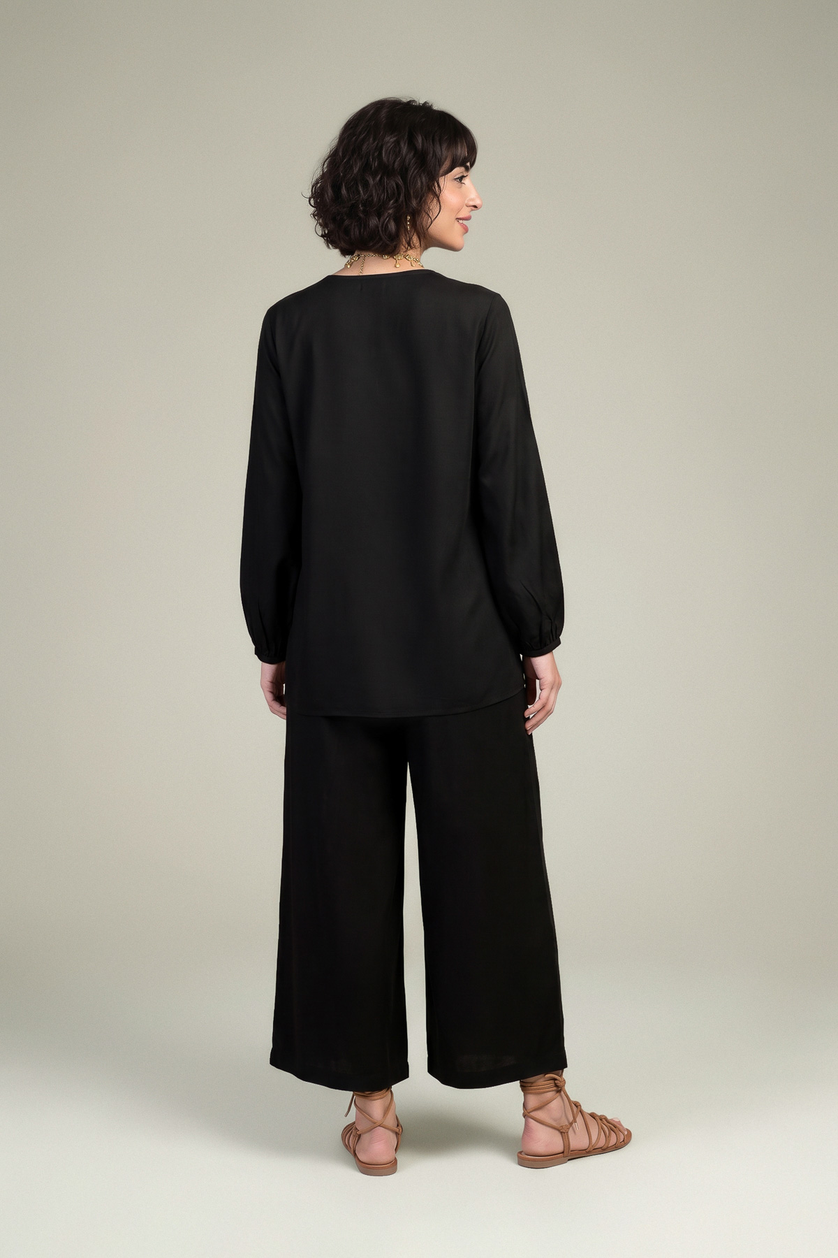 Embroidered Viscose Crepe Black V-Neck Blouse - 1-26-309-B-D1-VG