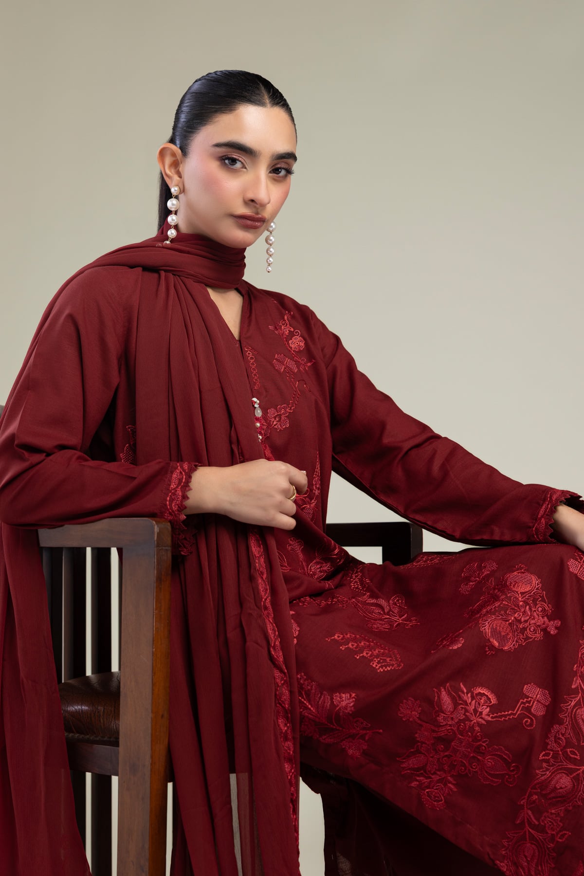 Embroidered Chiffon Maroon Chiffon Dupatta - 1-26-309-B-D1-VG