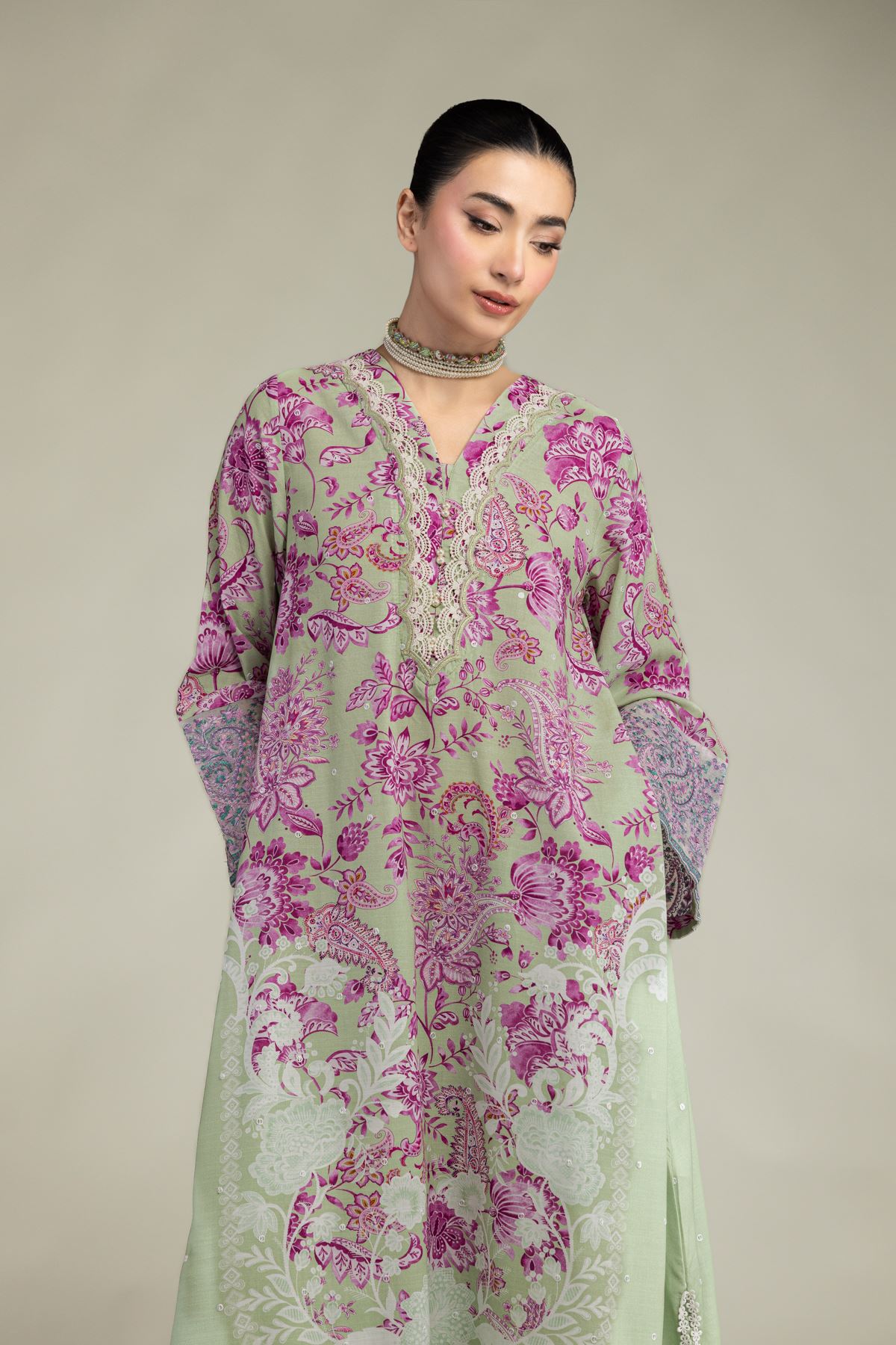 Embroidered Raw Silk Floral Longline Kurta - 2-26-212-A-C1-VG