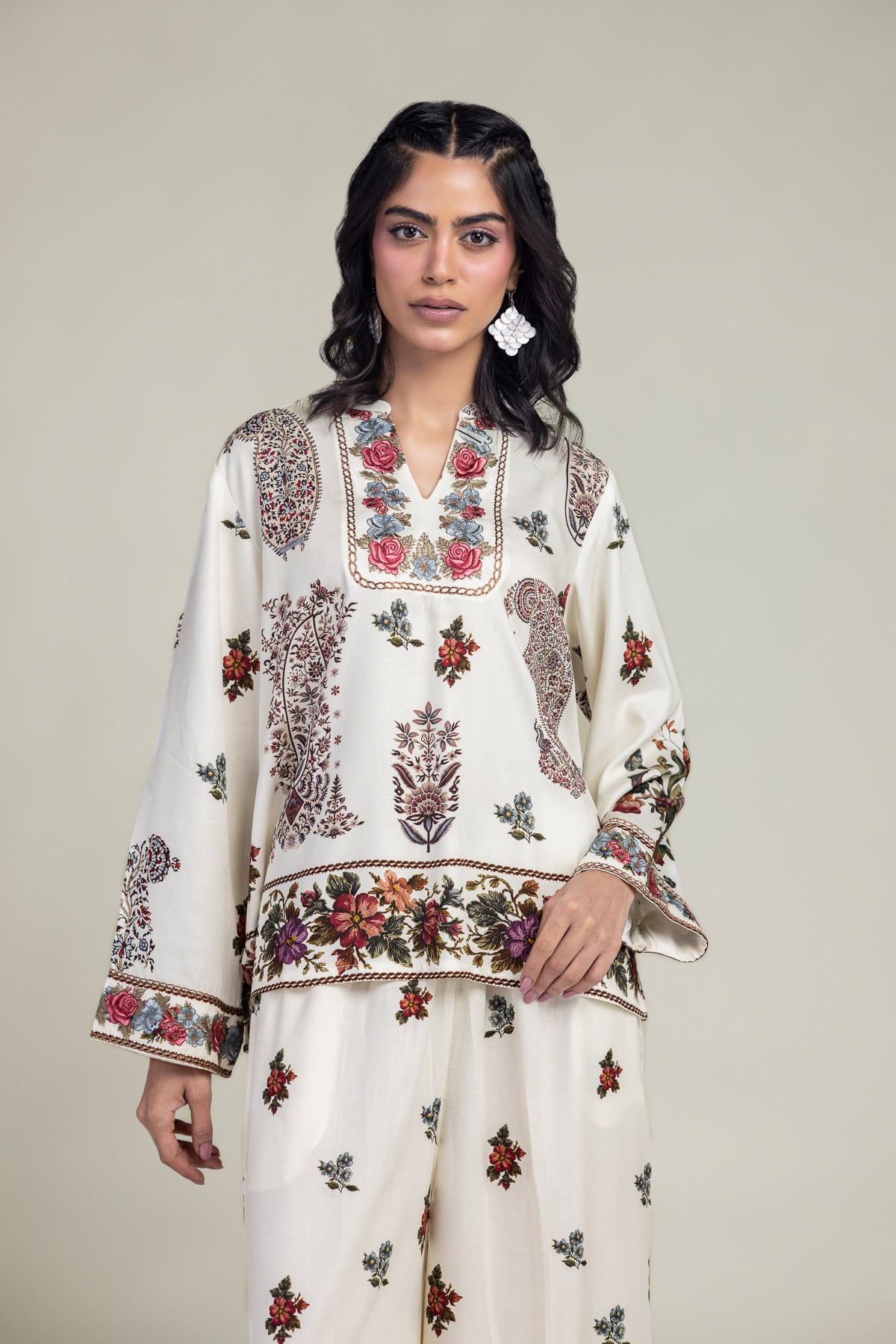 Embroidered Viscose Crepe Floral V-Neck Shirt - 1-26-309-B-D1-VG