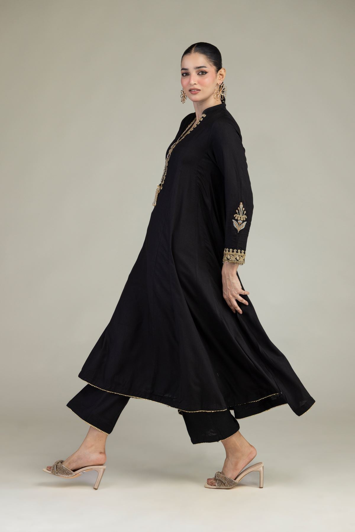 Embroidered Raw Silk Black Silk Pants - 2-26-203-A-A1-VG