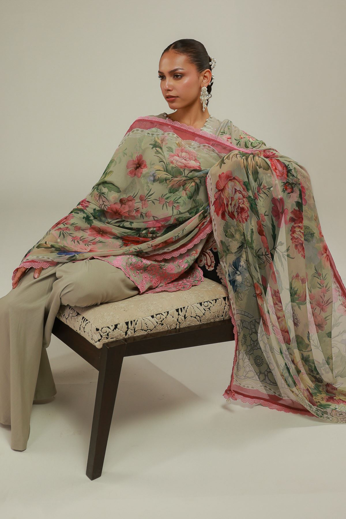 Embroidered Chiffon Floral Lace-Up Dupatta - 2-26-101-A-H-VG