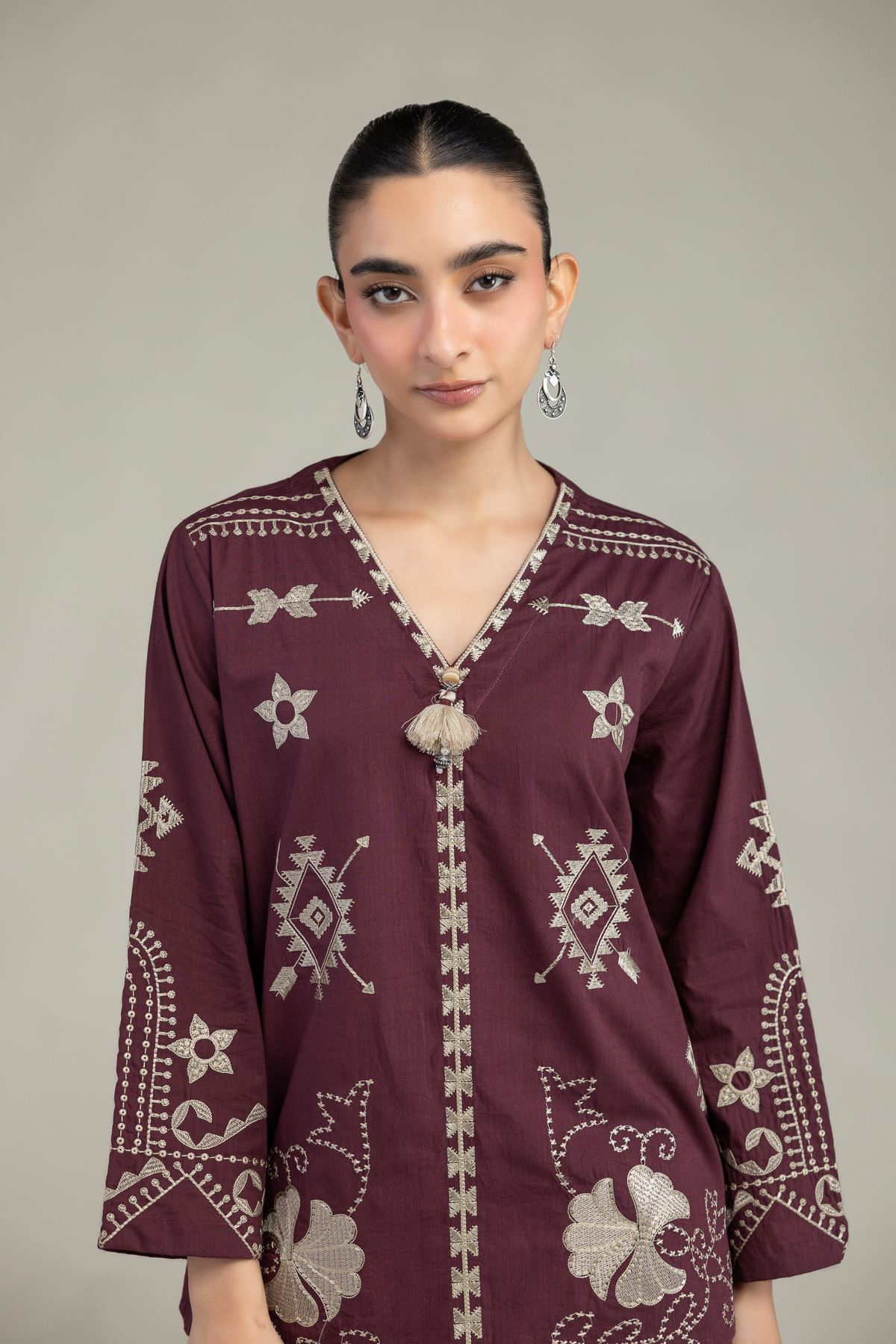 Embroidered Textured Cotton V-Neck Geometric Blouse - 6-26-204-A-D2-VG