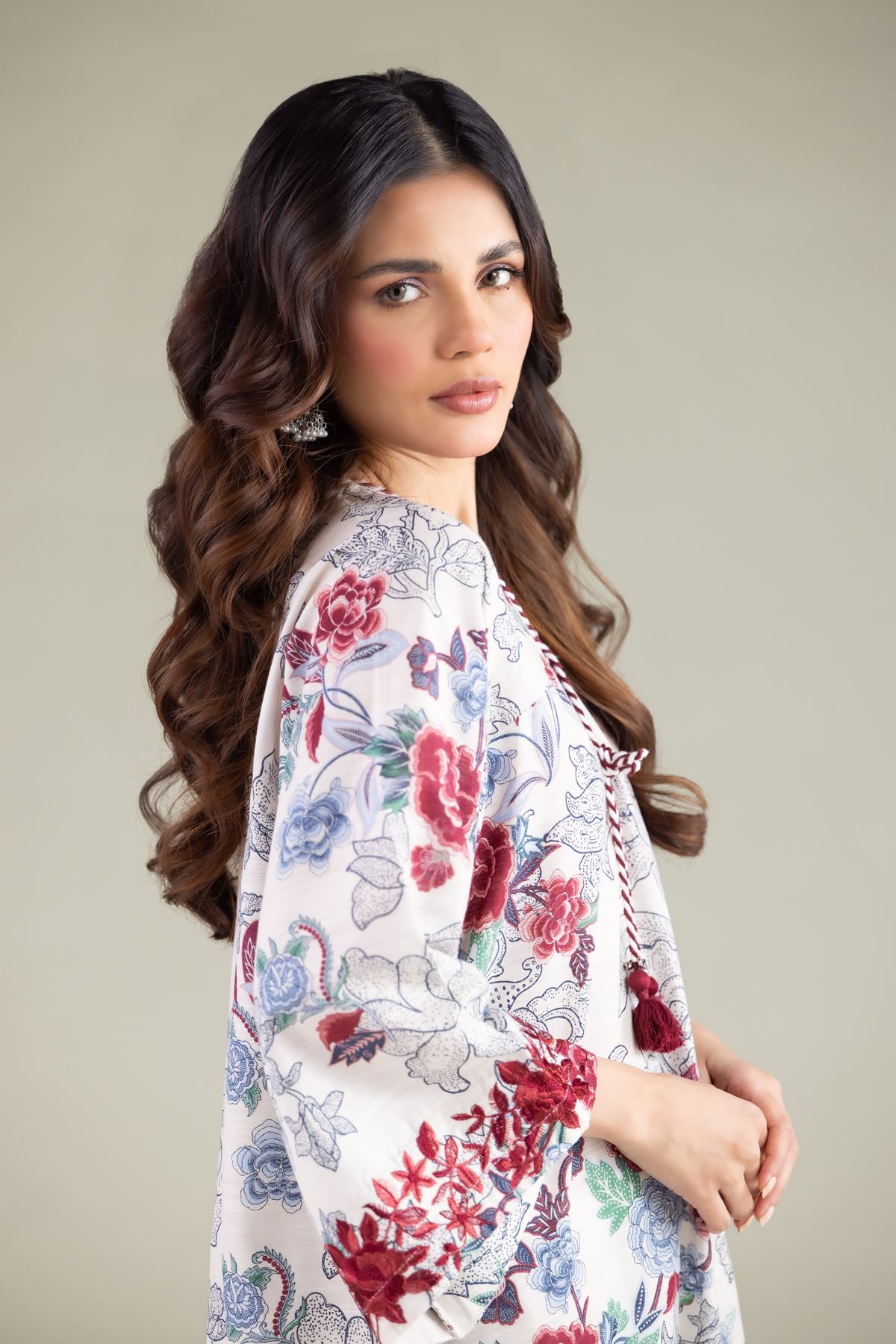 Embroidered Textured Cotton Floral Longline Kurta - 25-07-7E4-08TB-VG