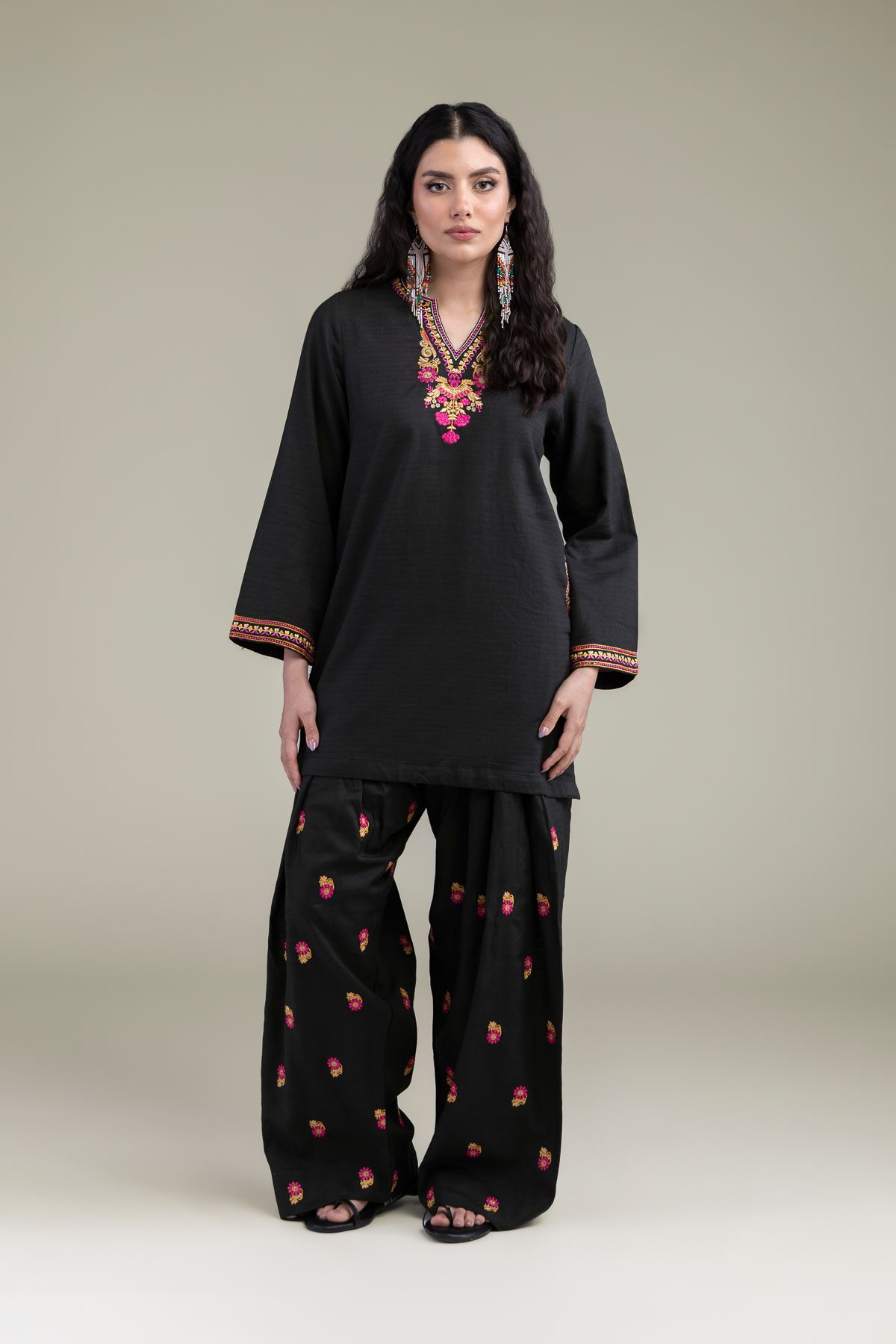 Embroidered Cotton Dobby Black Cotton Shalwar - 25-10-12E1-05TB-VG