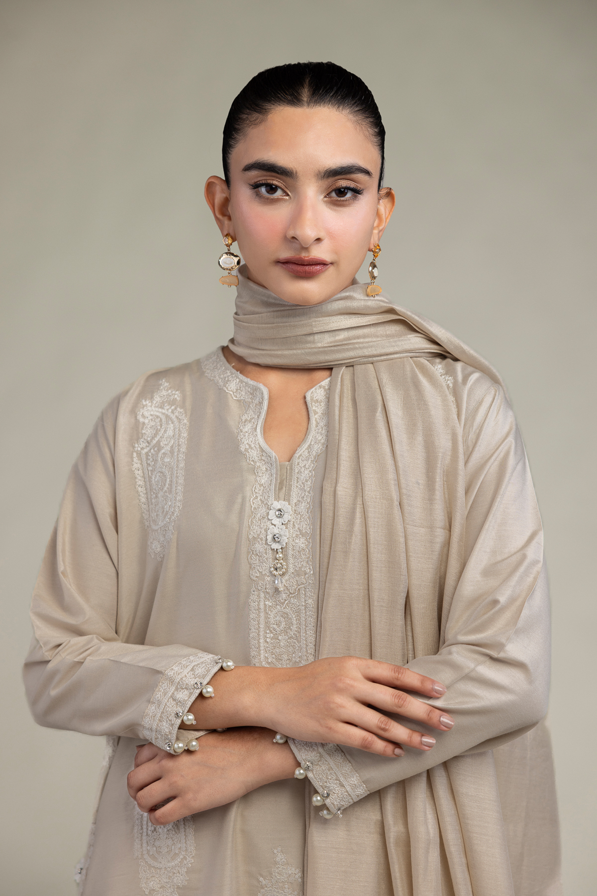 Cotton Net Paisley Beige Dupatta - 2-26-303-C-F1-VG