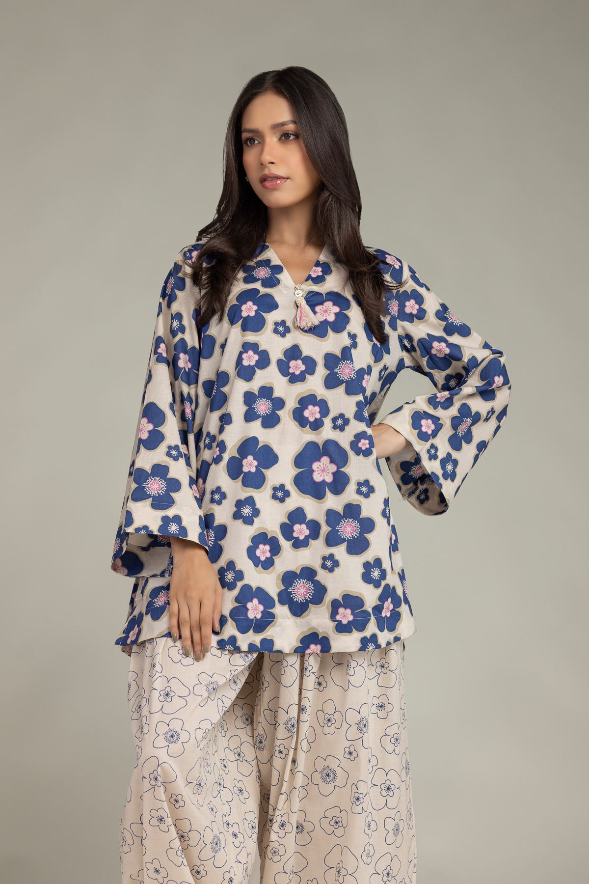Printed Cambric Floral V-Neck Kurta - 5-26-105-F-A-VG